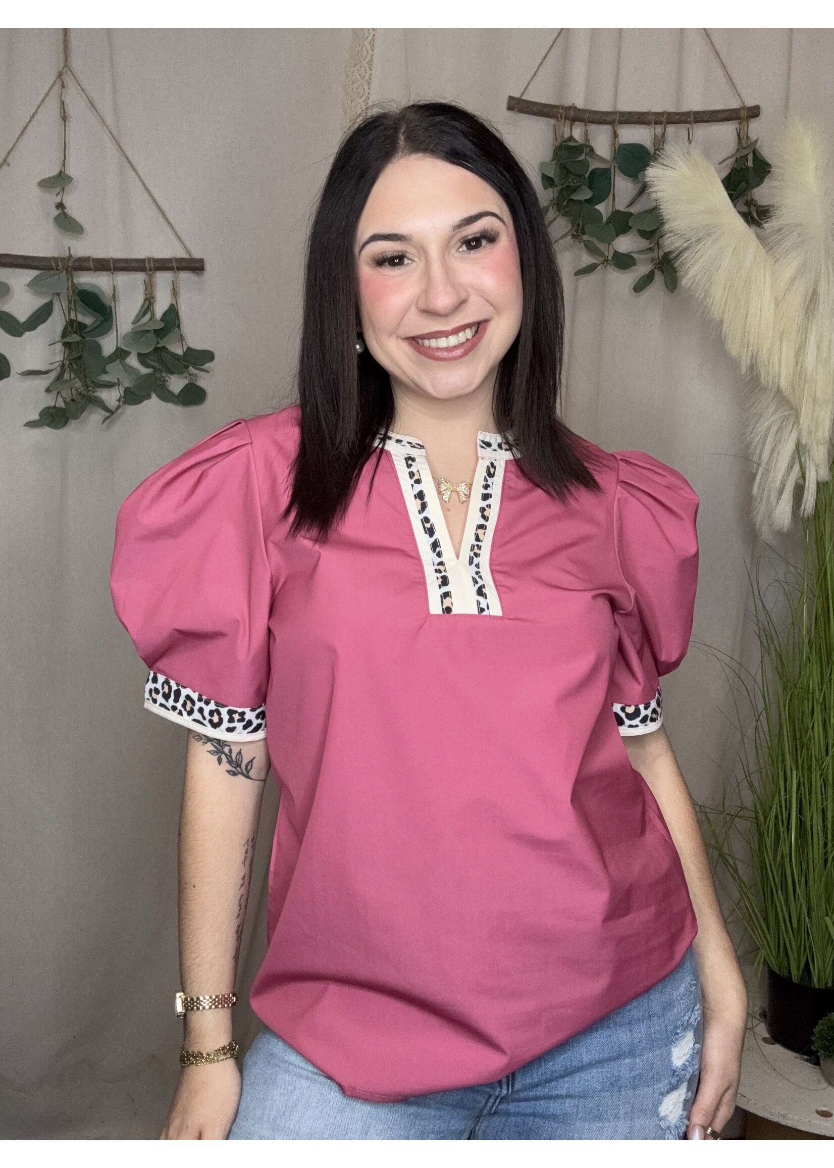 little daisy closet Leopard Trim Split Neck Puff Sleeve Blouse