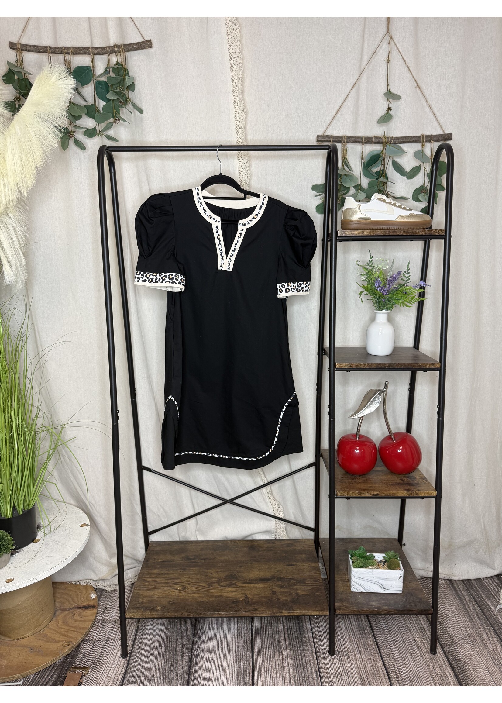 little daisy closet Leopard Notched Neck Puff Sleeve Dress