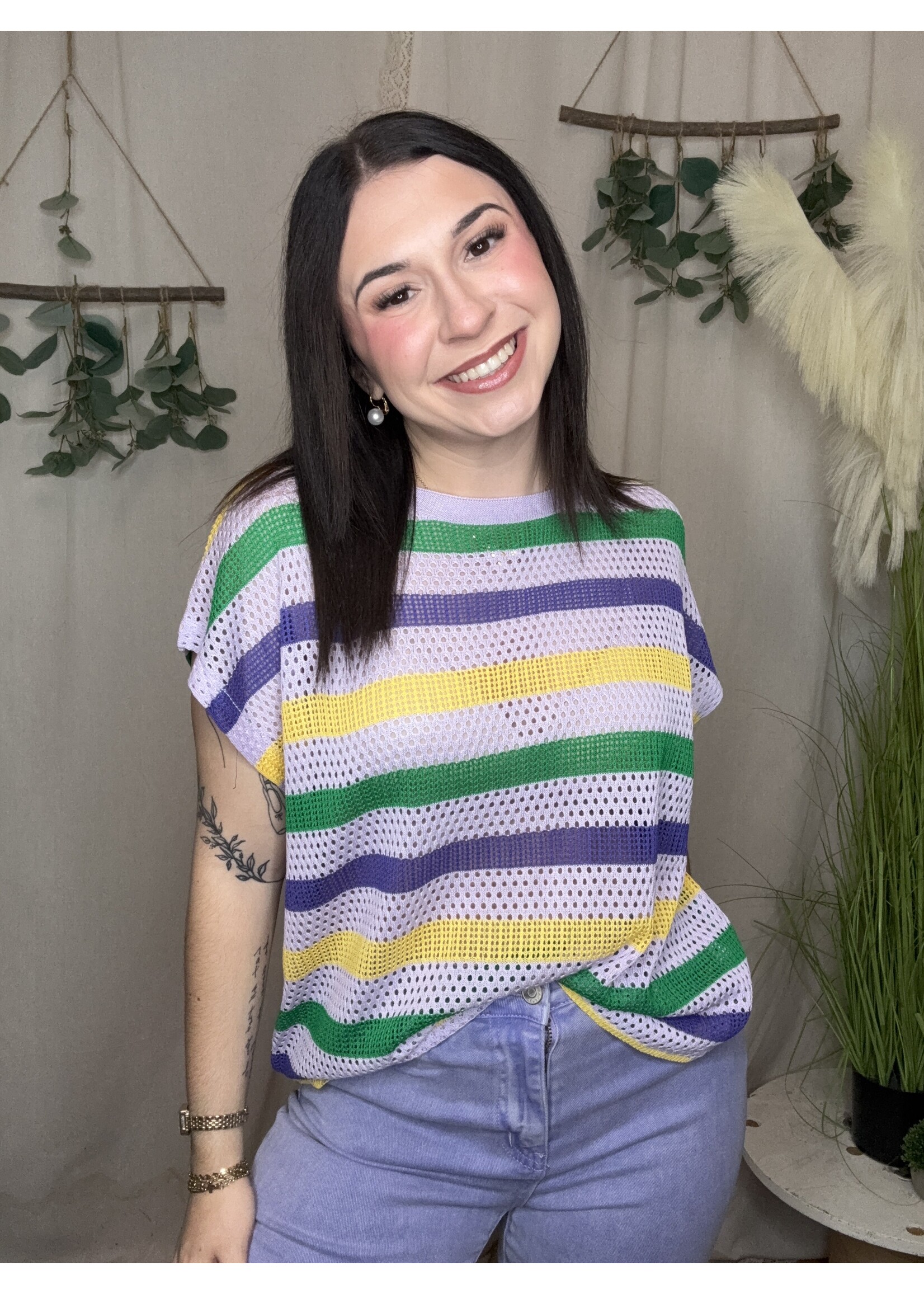 Mardi Stripes Short Sleeve Knit Top