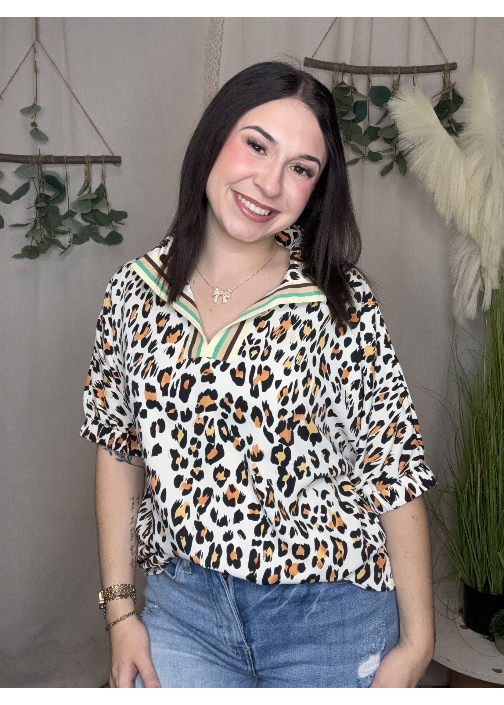little daisy closet Leopard Color Block Loose Fit Blouse