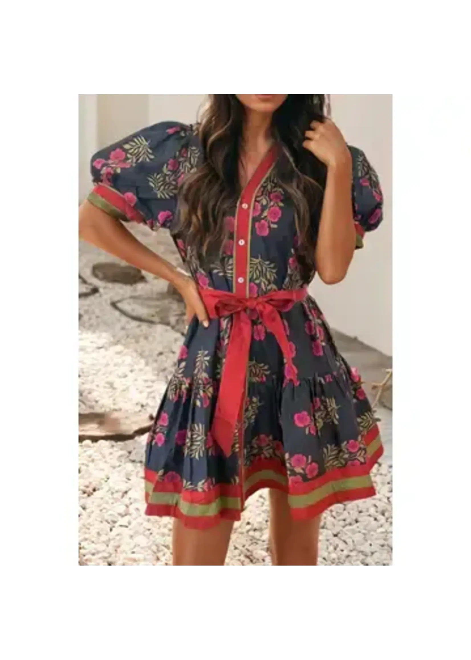 little daisy closet Floral  Belted Puff Sleeve Dress
