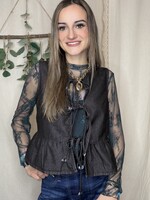 La Roseason Denim Peplum Bow-Tie Top