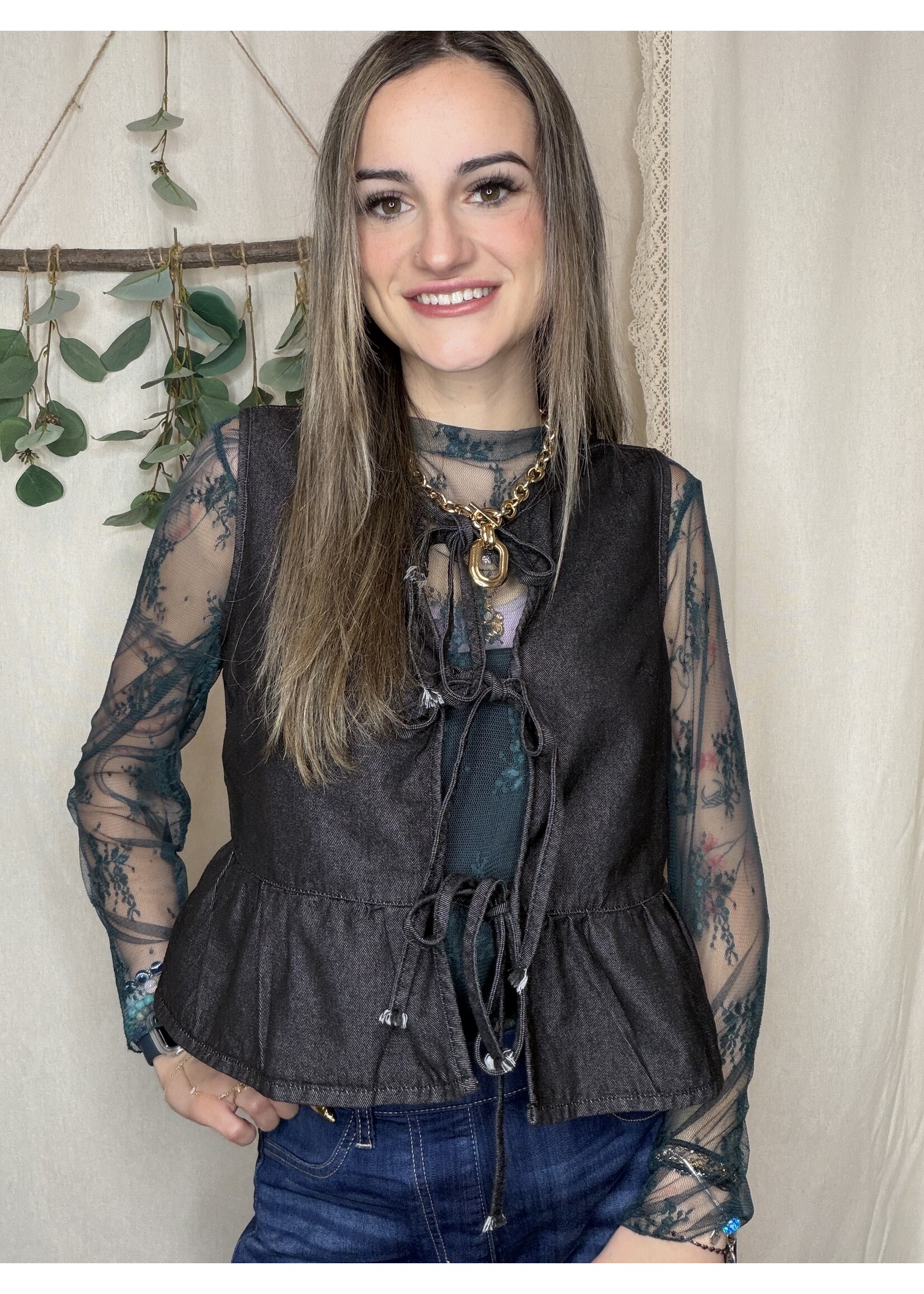 La Roseason Denim Peplum Bow-Tie Top