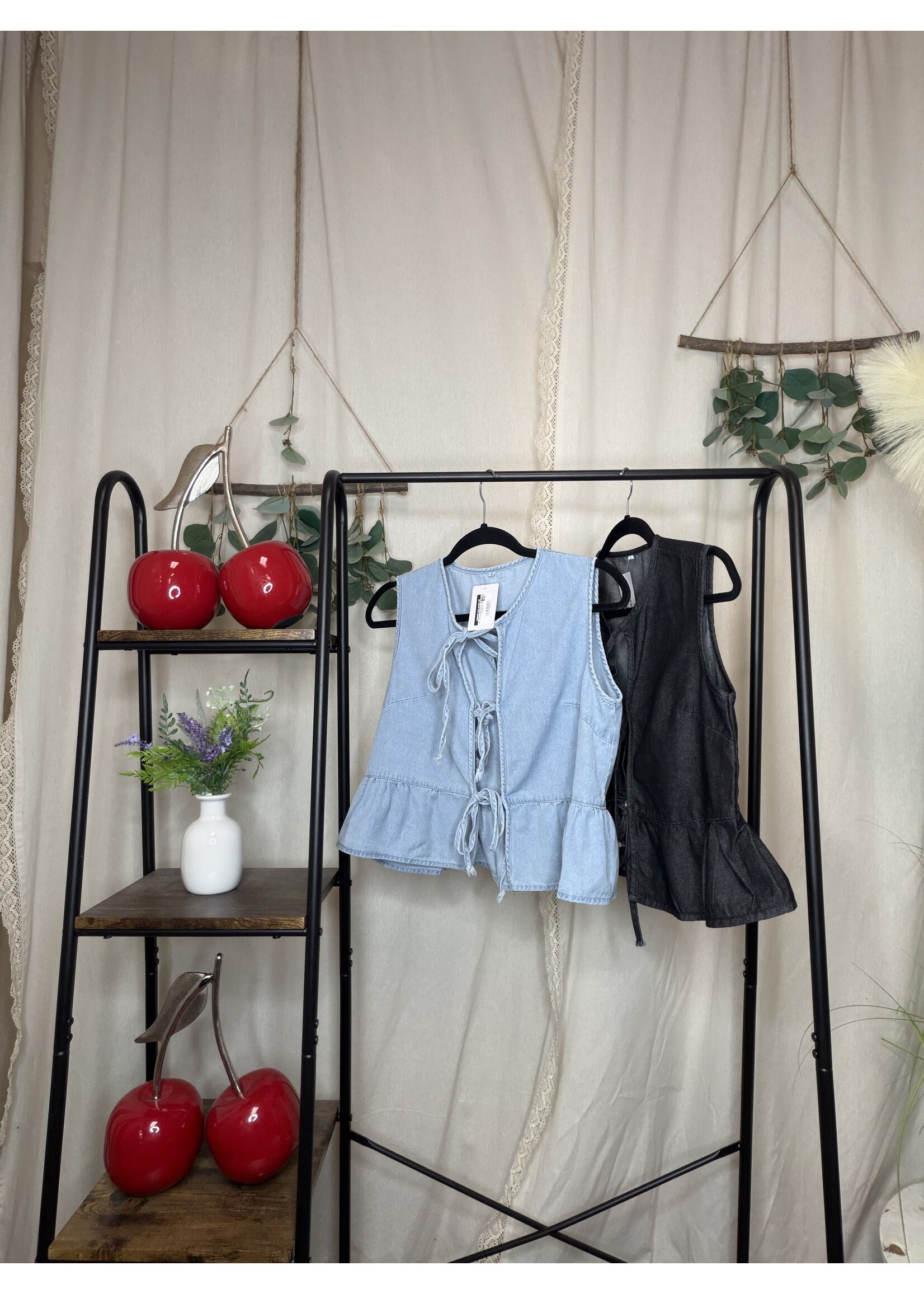 La Roseason Denim Peplum Bow-Tie Top