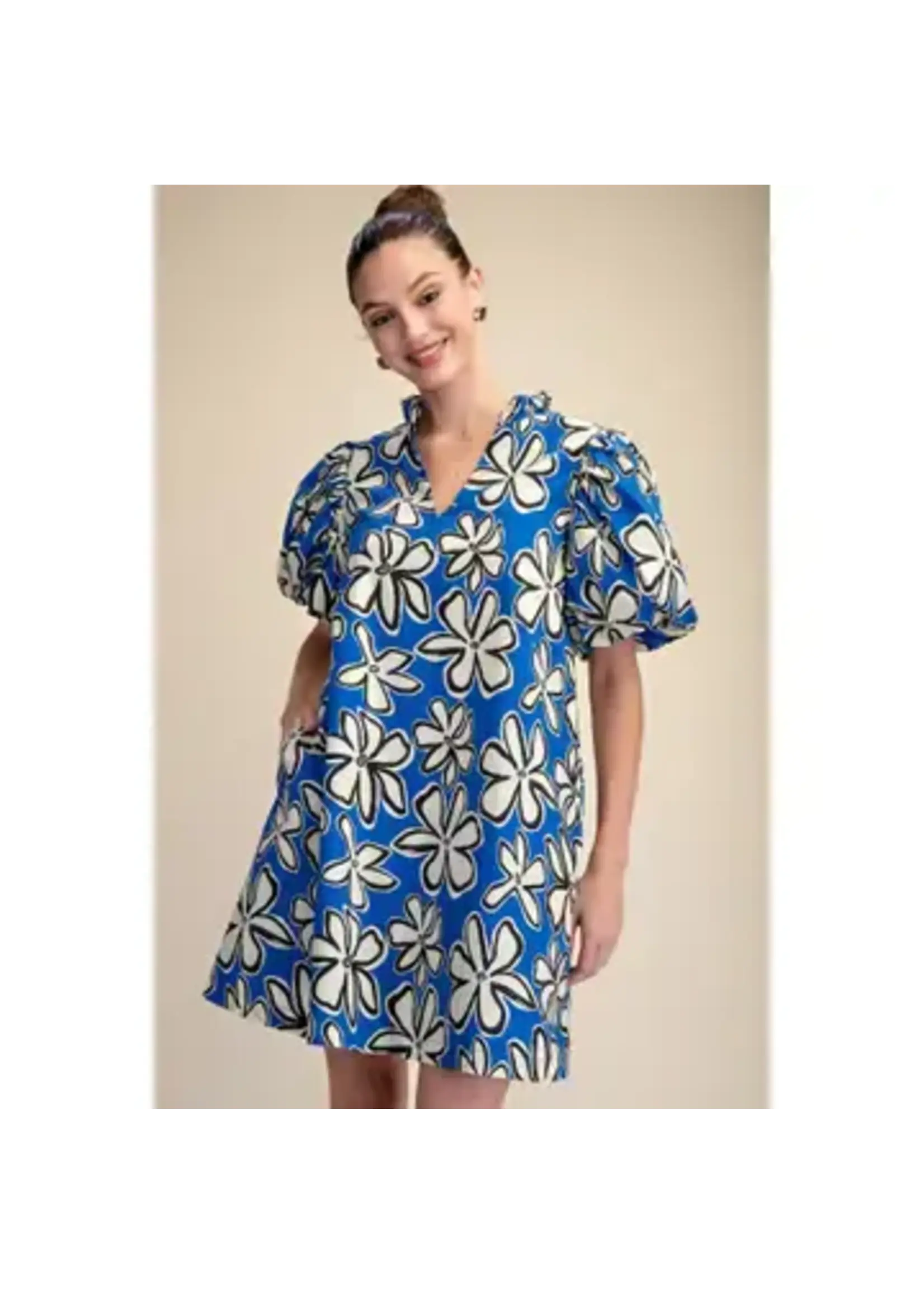 Ruffle Neck Puff Sleeve Floral Mini Dress