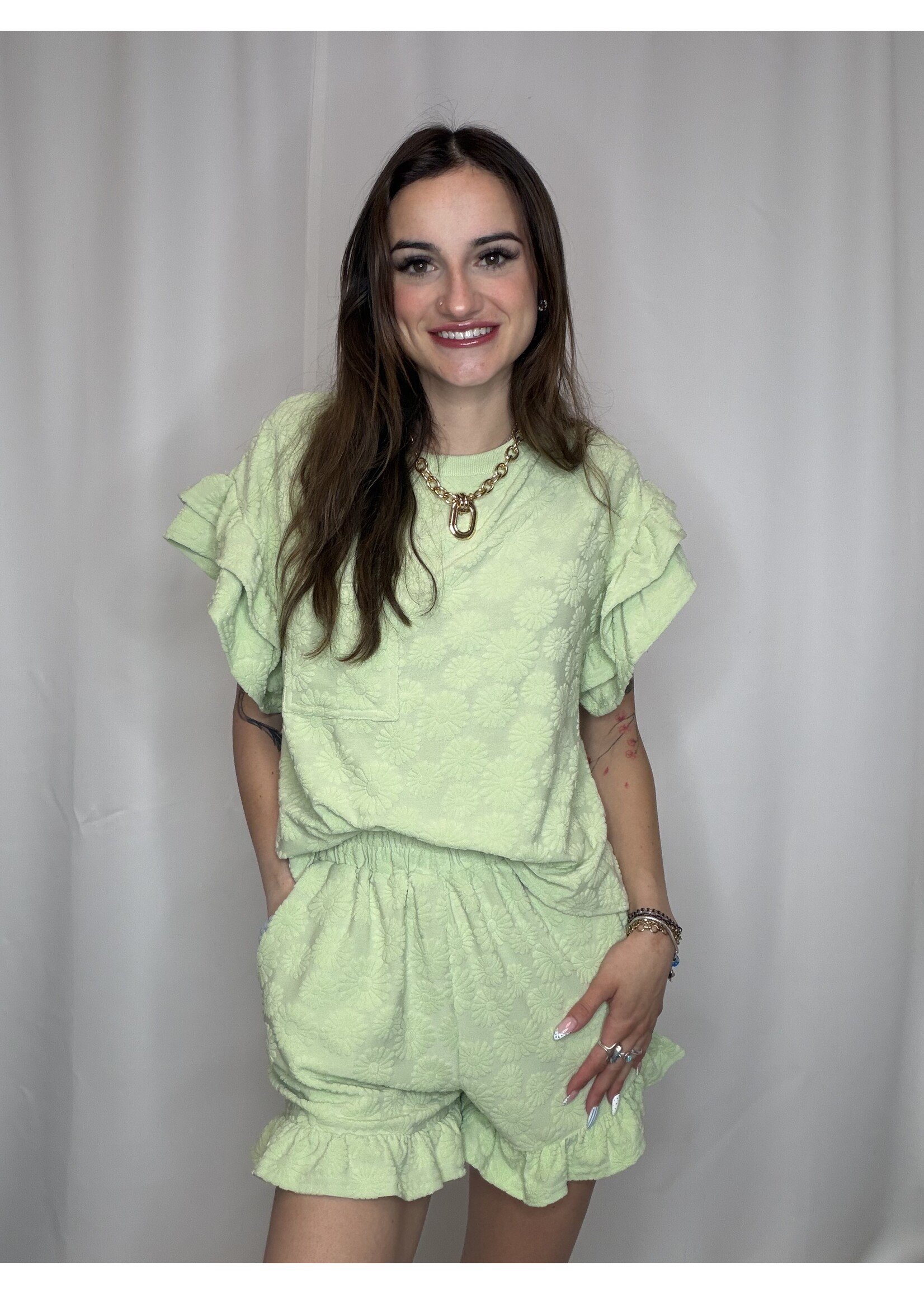 Floral Textured Ruffled Knit Top & Shorts Set