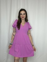 Solid Vneck Short Puff Sleeve Dress