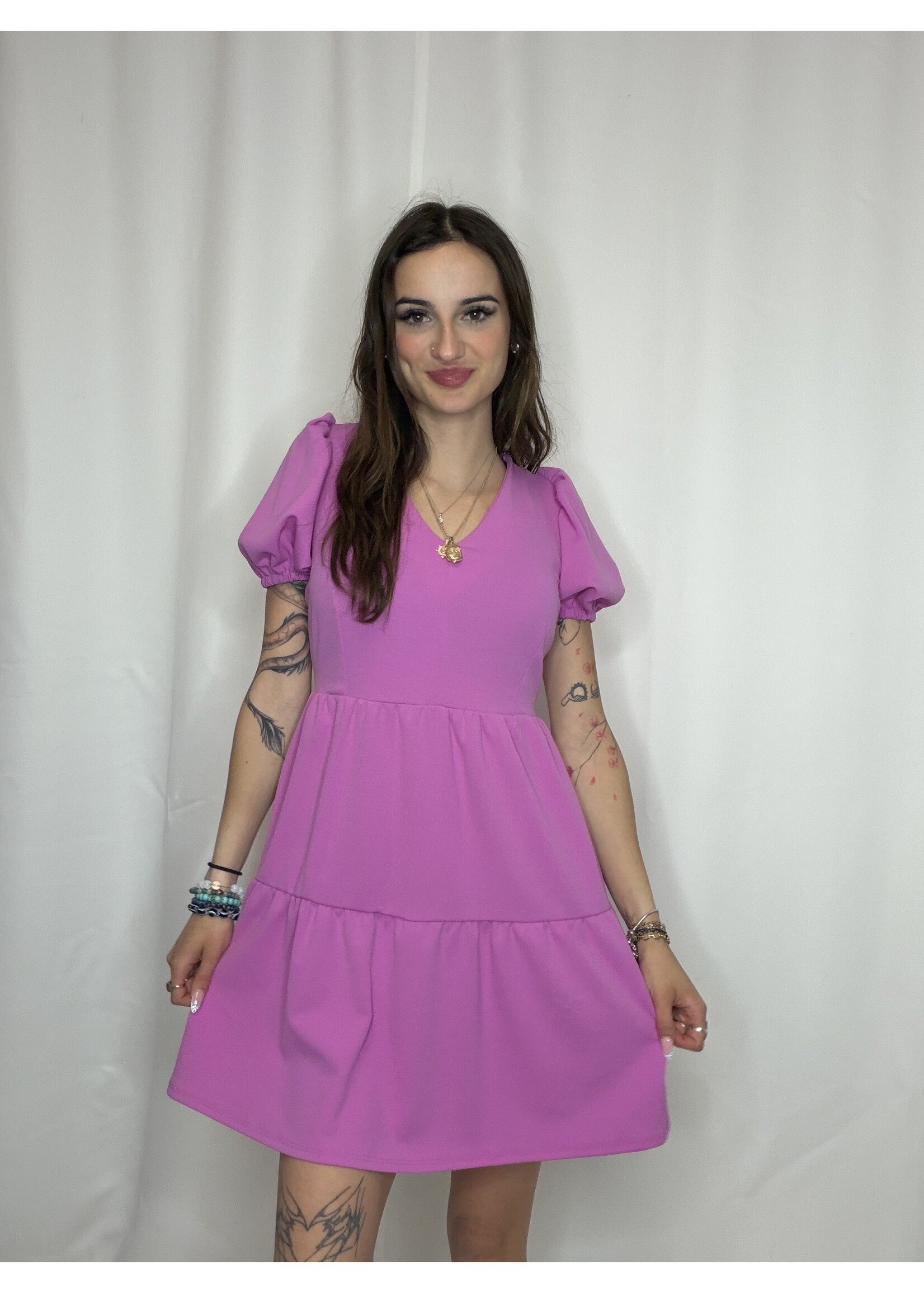 Solid Vneck Short Puff Sleeve Dress