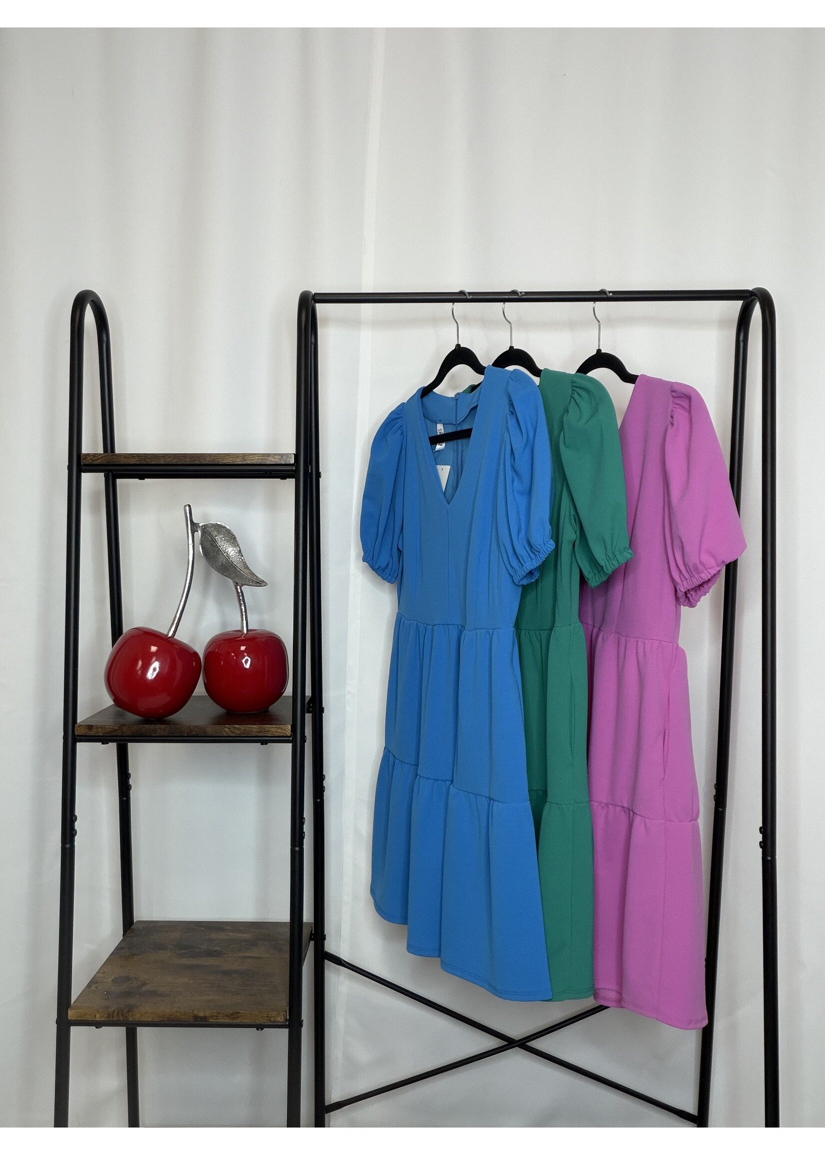 Solid Vneck Short Puff Sleeve Dress