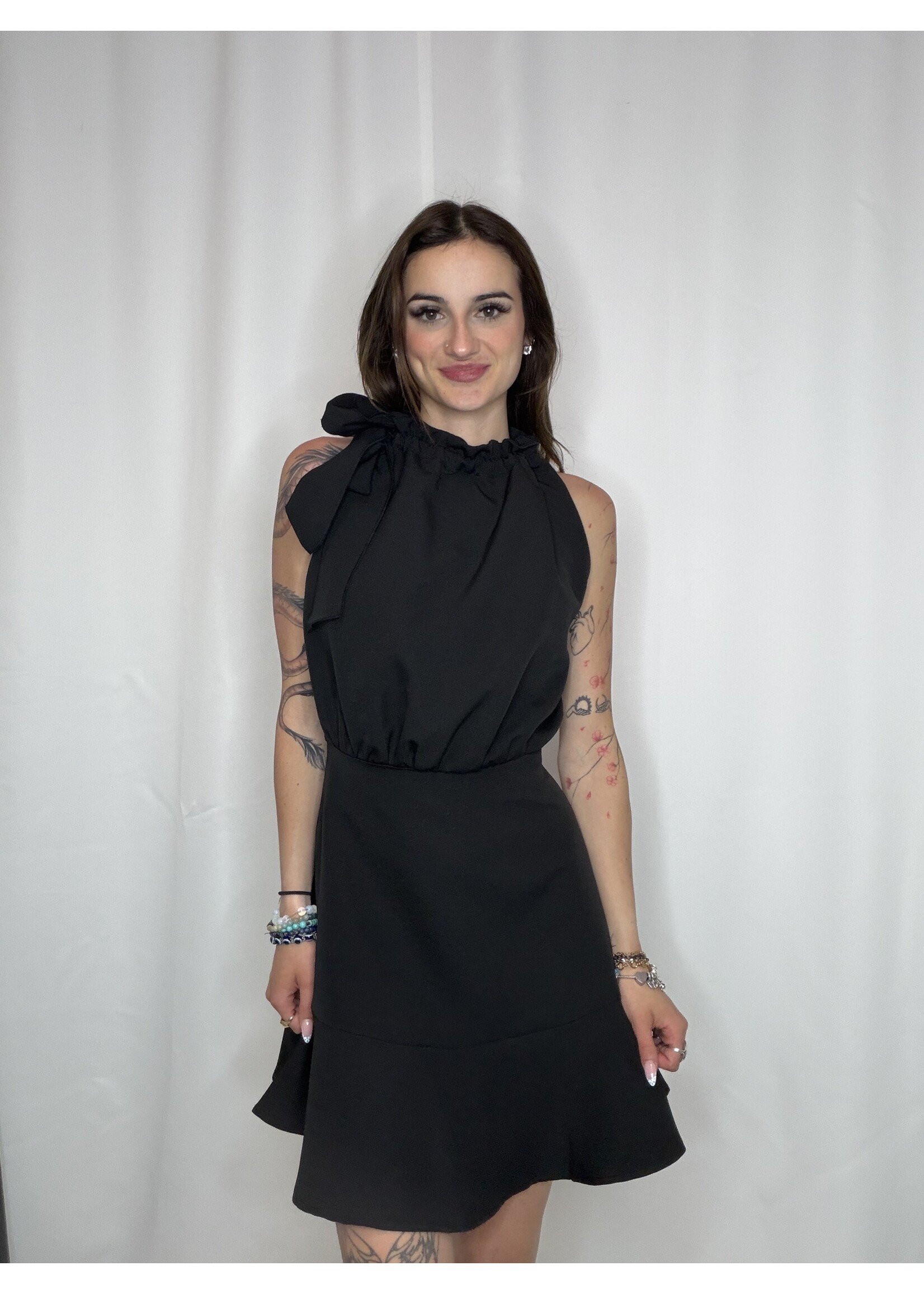 Gathered Neckline Bow Tie Sleeveless Mini Dress