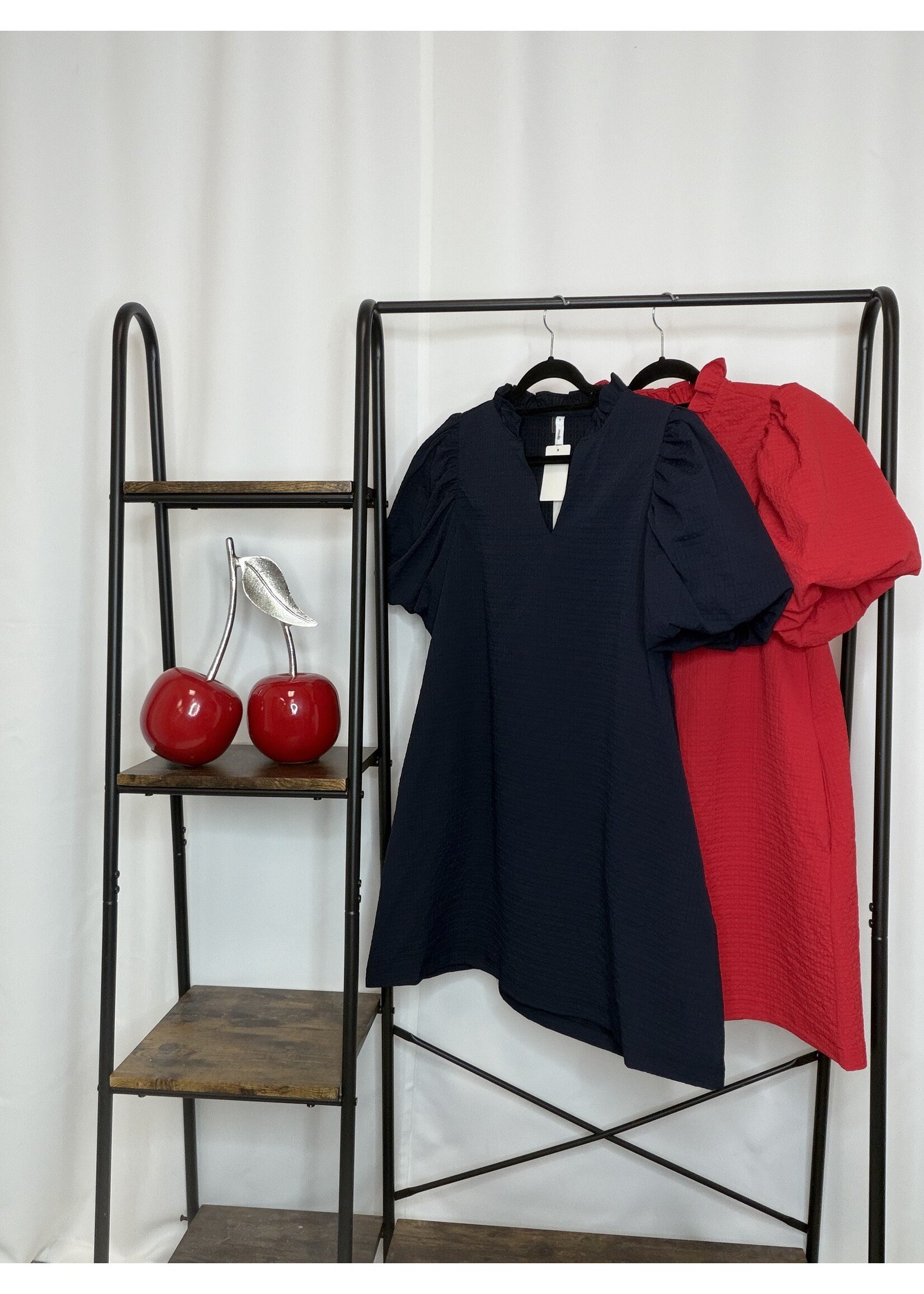 Textured Fabric Ruffle V-Neck Puff Sleeve Mini Dress