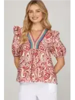 Half Sleeve Woven Print V-neck Top