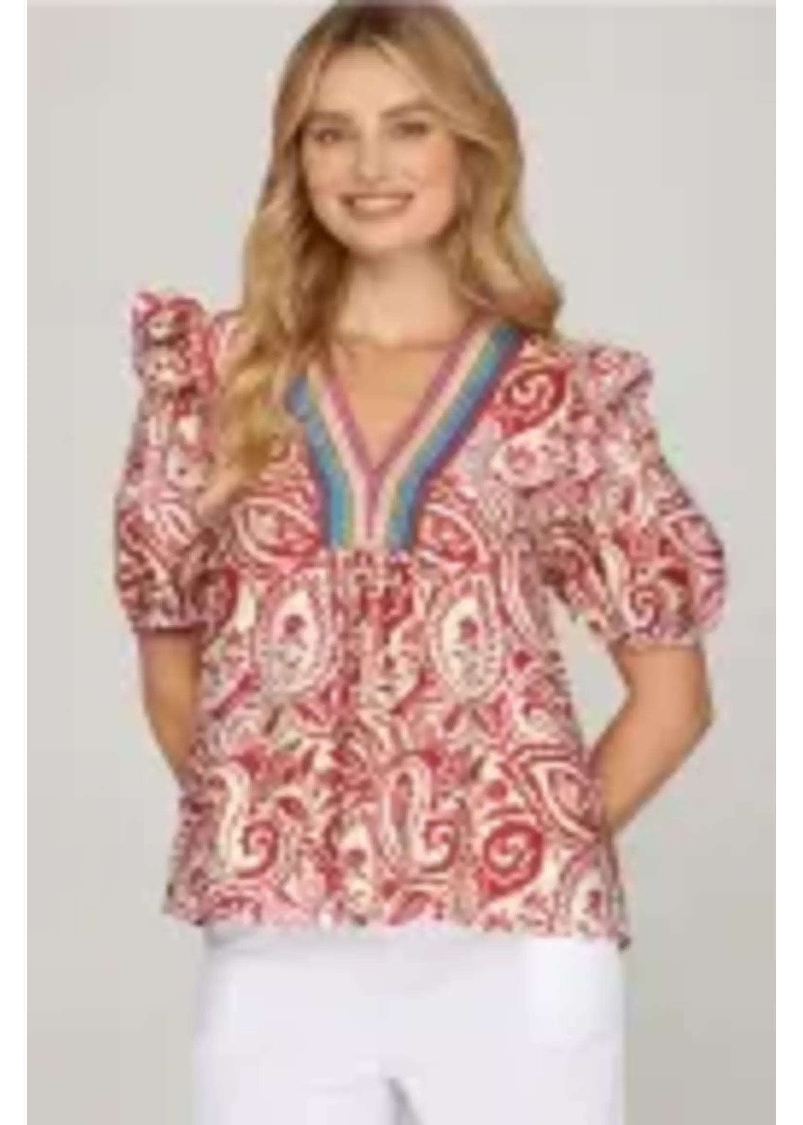 Half Sleeve Woven Print V-neck Top