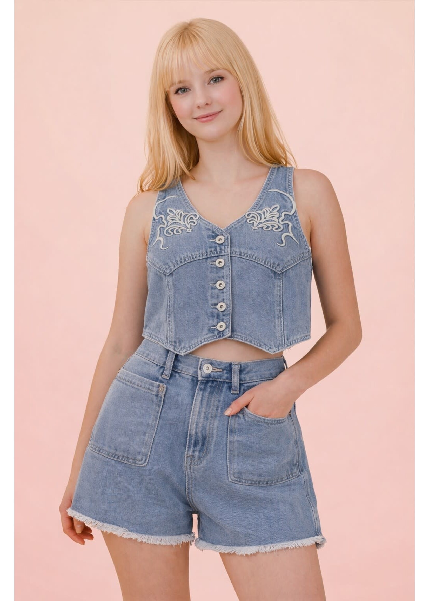 Very Jean Washed Denim Embroidery Vest