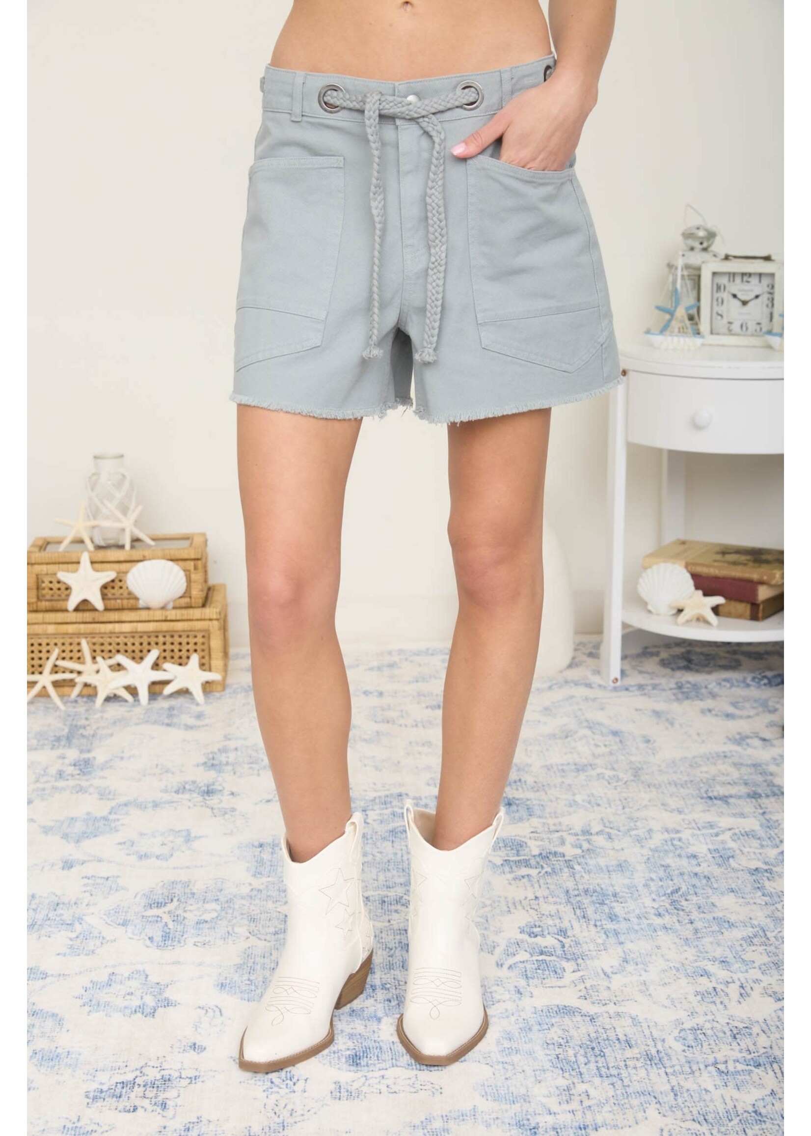 Distressed Hem Braid Drawstring Detail Shorts