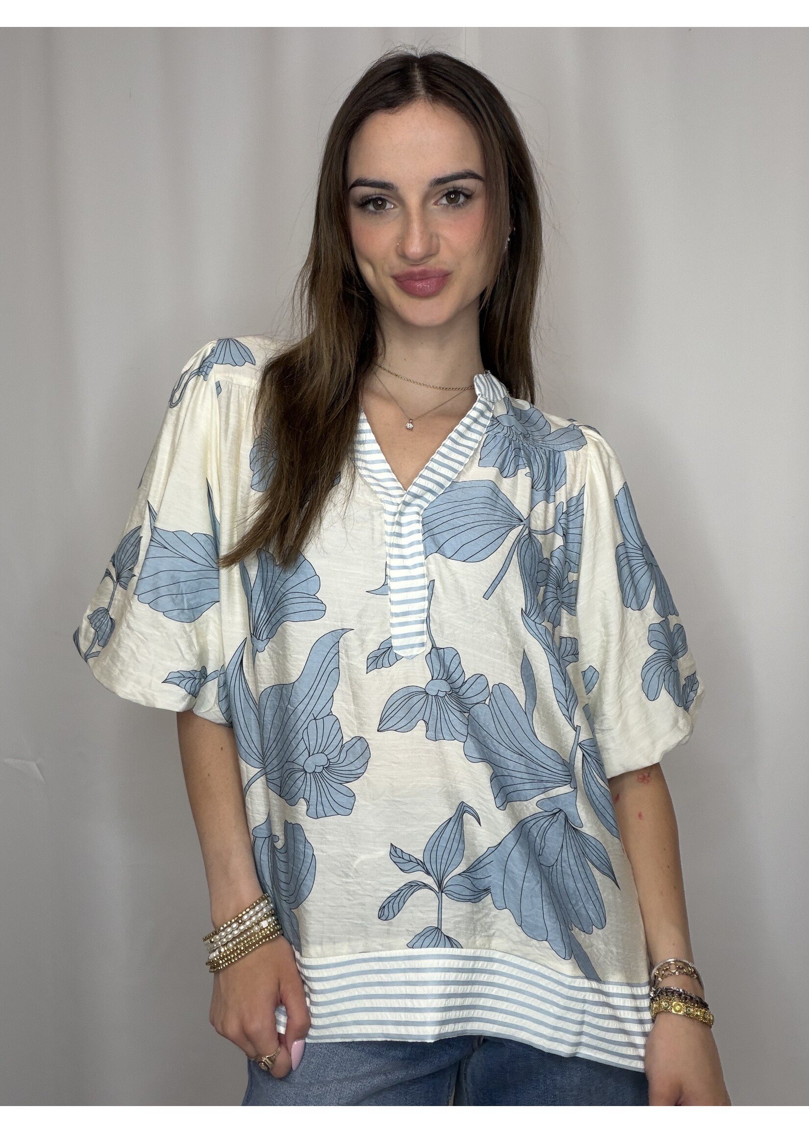 Bubble Sleeve Printed Woven Top