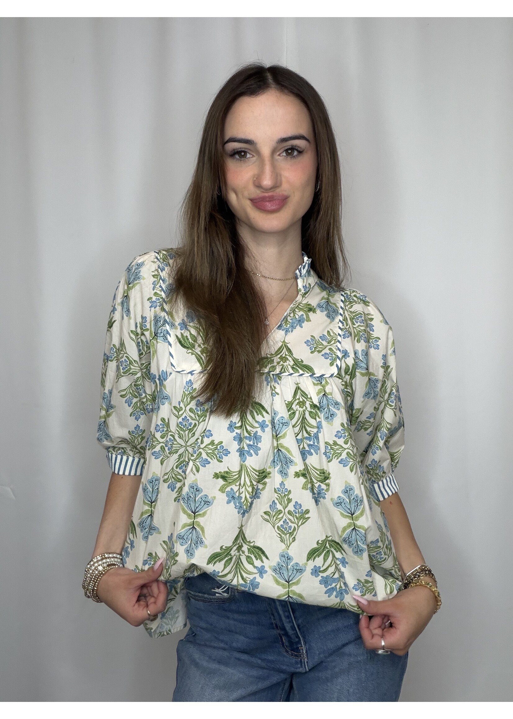 Short Sleeve Stripe Detail Floral Top