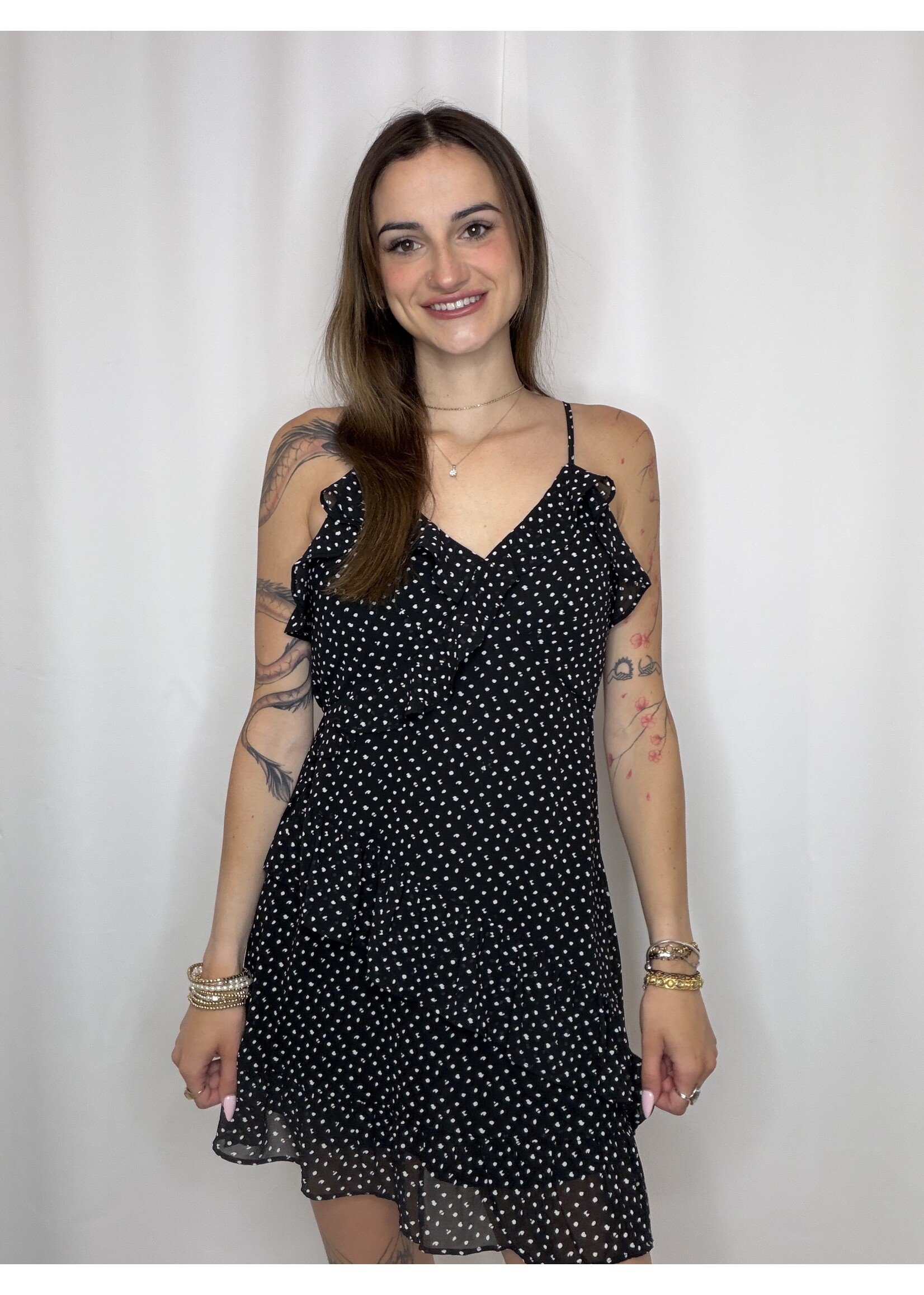 Asym Ruffled Dotted Woven Mini Dress