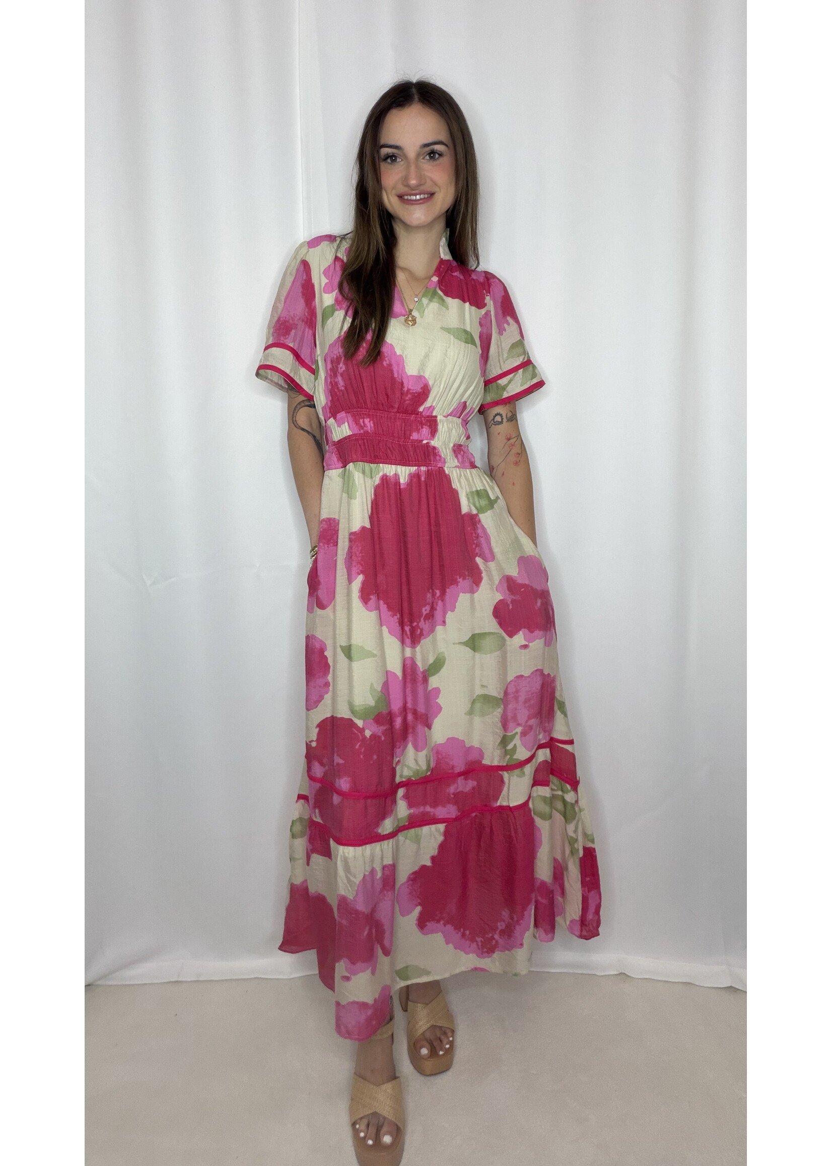 Half Sleeve Woven V Neck Maxi Dress