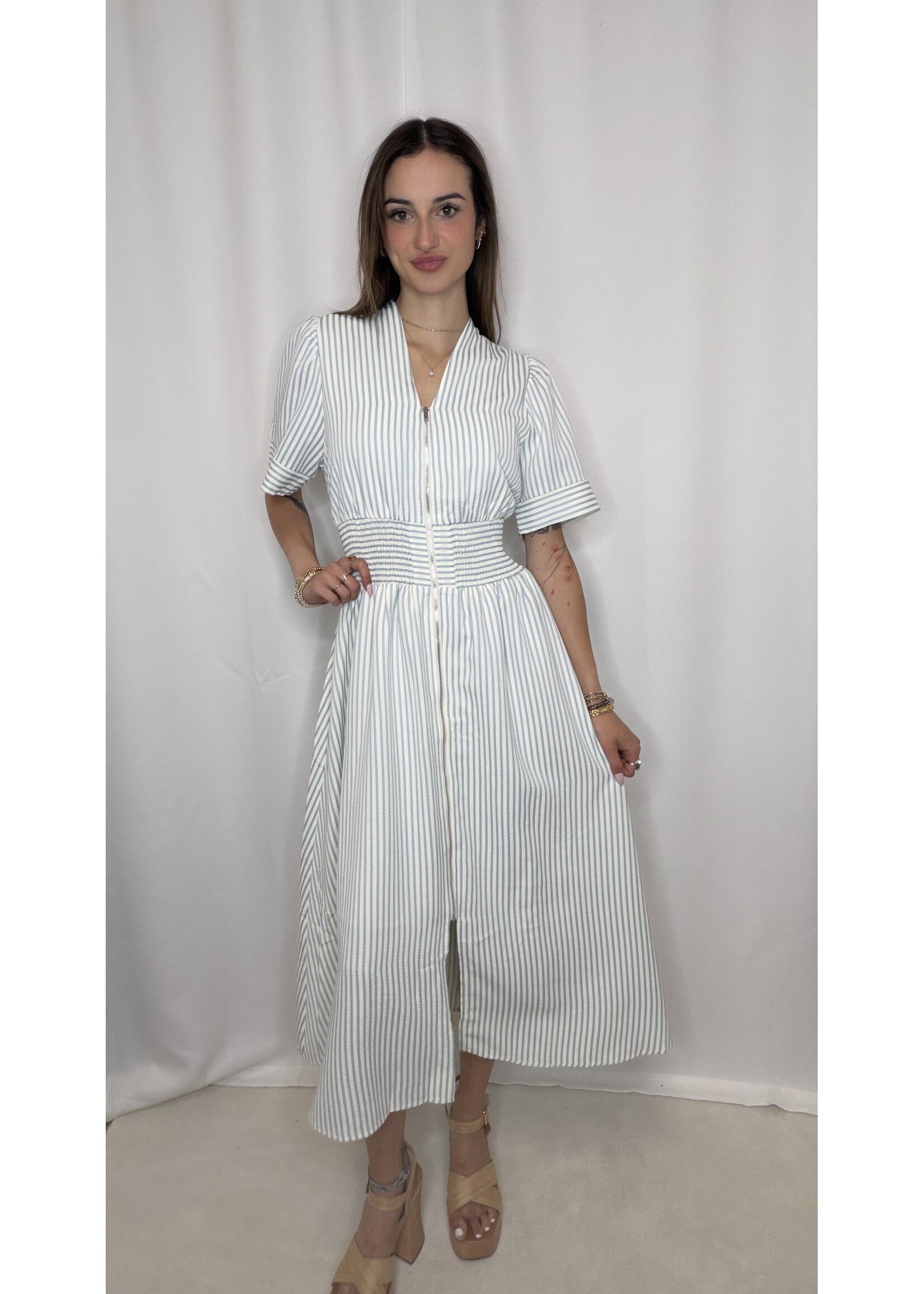 Short Sleeve Smocked Waist Front Zip Dress