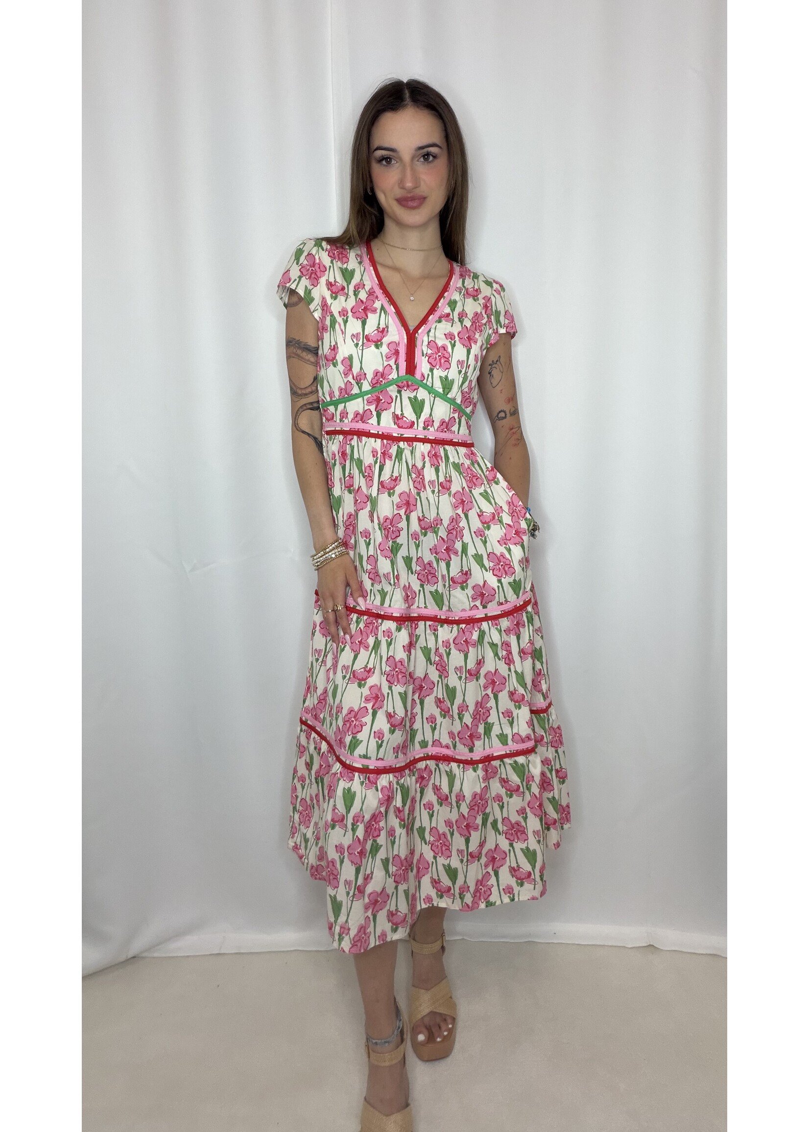 Cap Sleeve Floral Print Woven Tiered Dress