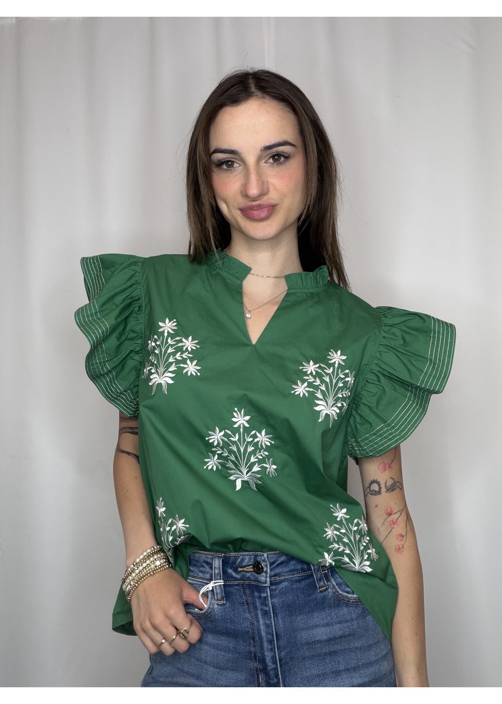 Ruffle Sleeve Stitch Detail Top