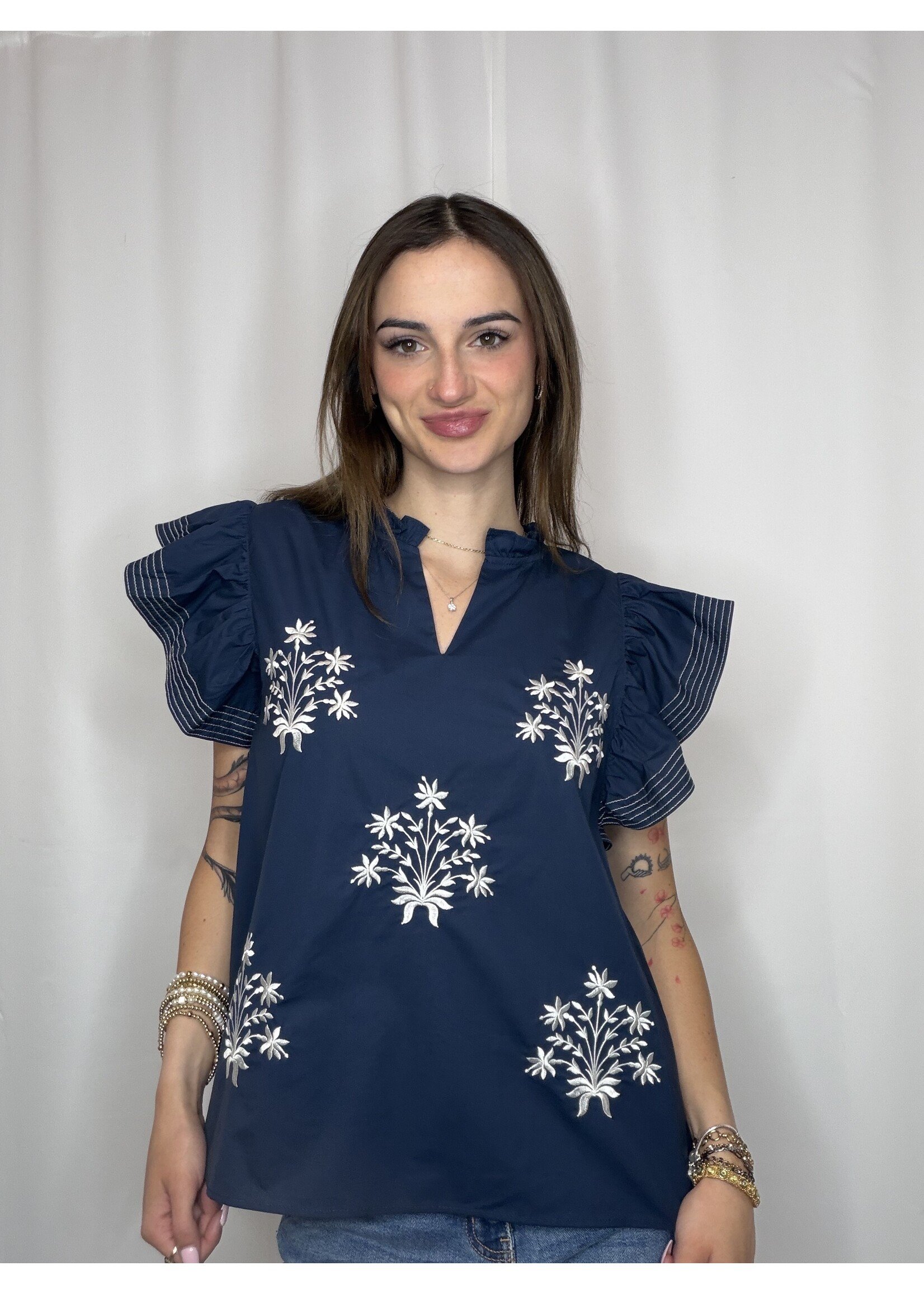 Ruffle Sleeve Stitch Detail Top