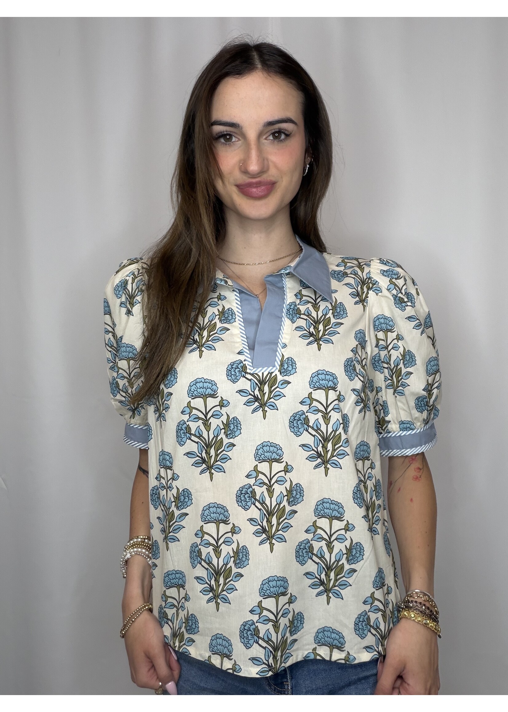 Short Sleeve Woven Print Collared Top