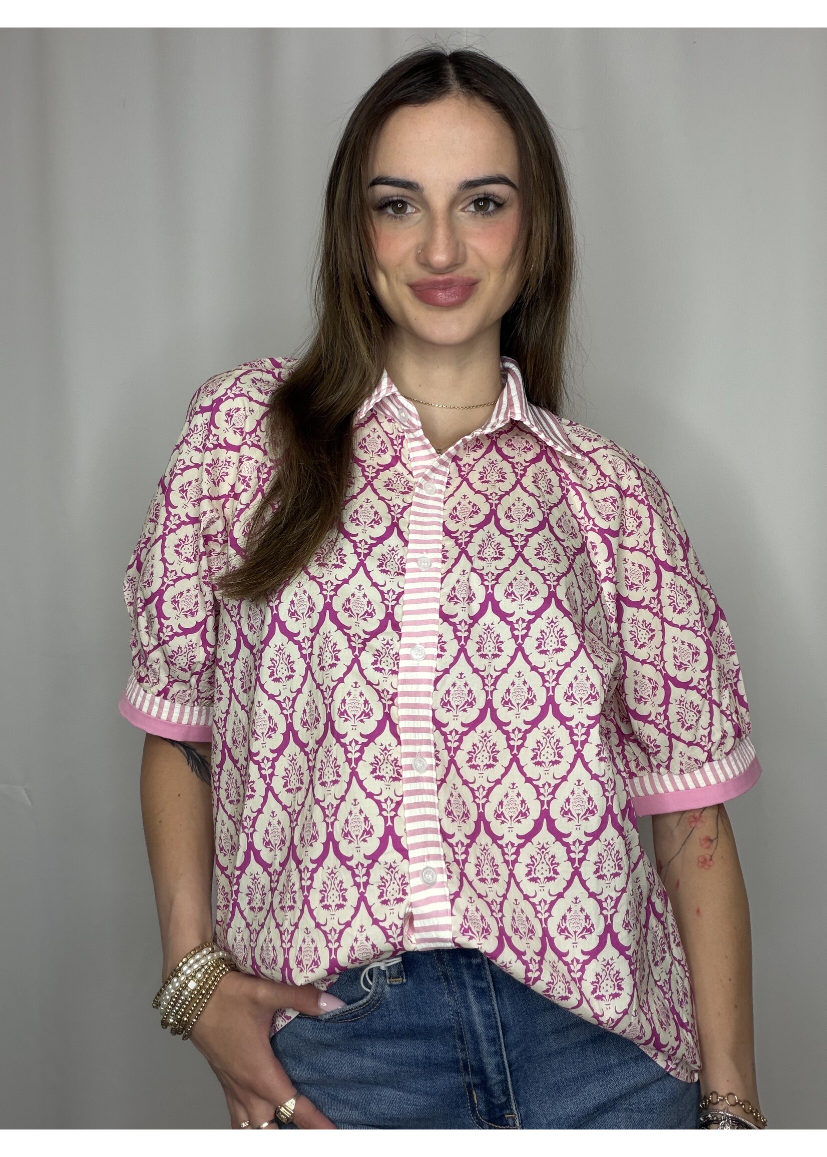 Short Sleeve Button Down Printed Top