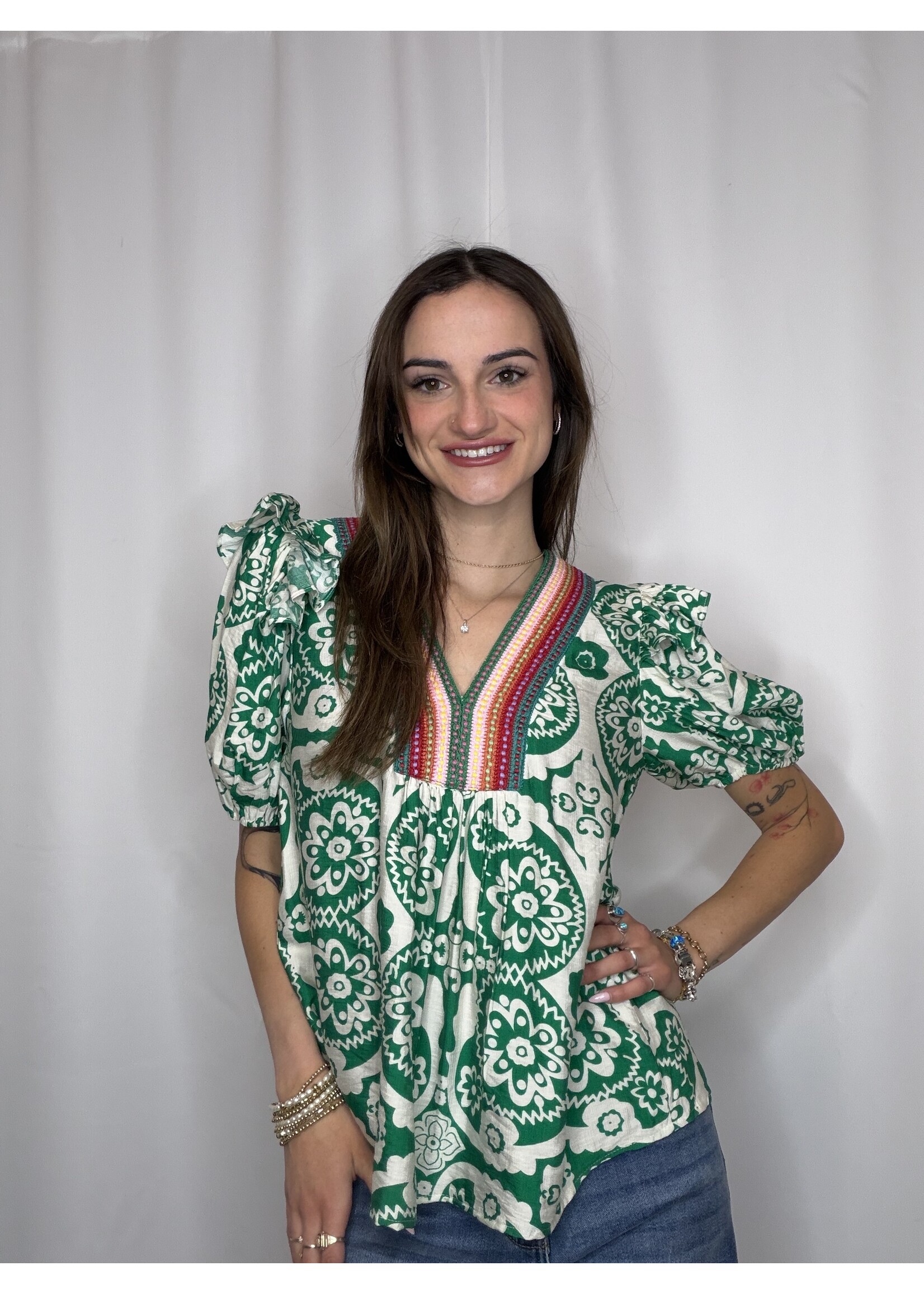 Puff Sleeve Woven Print V- neck Top