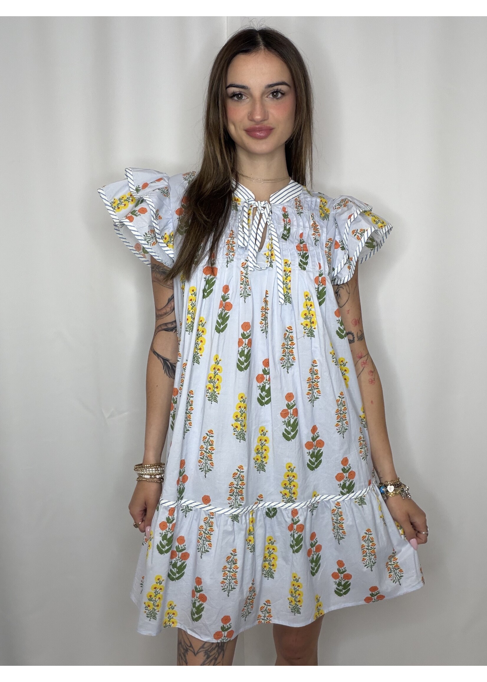 Ruffle Sleeve Pintuck Detail Dress