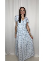 Floral Puff Sleeve V Neck Corset Detail Midi Dress