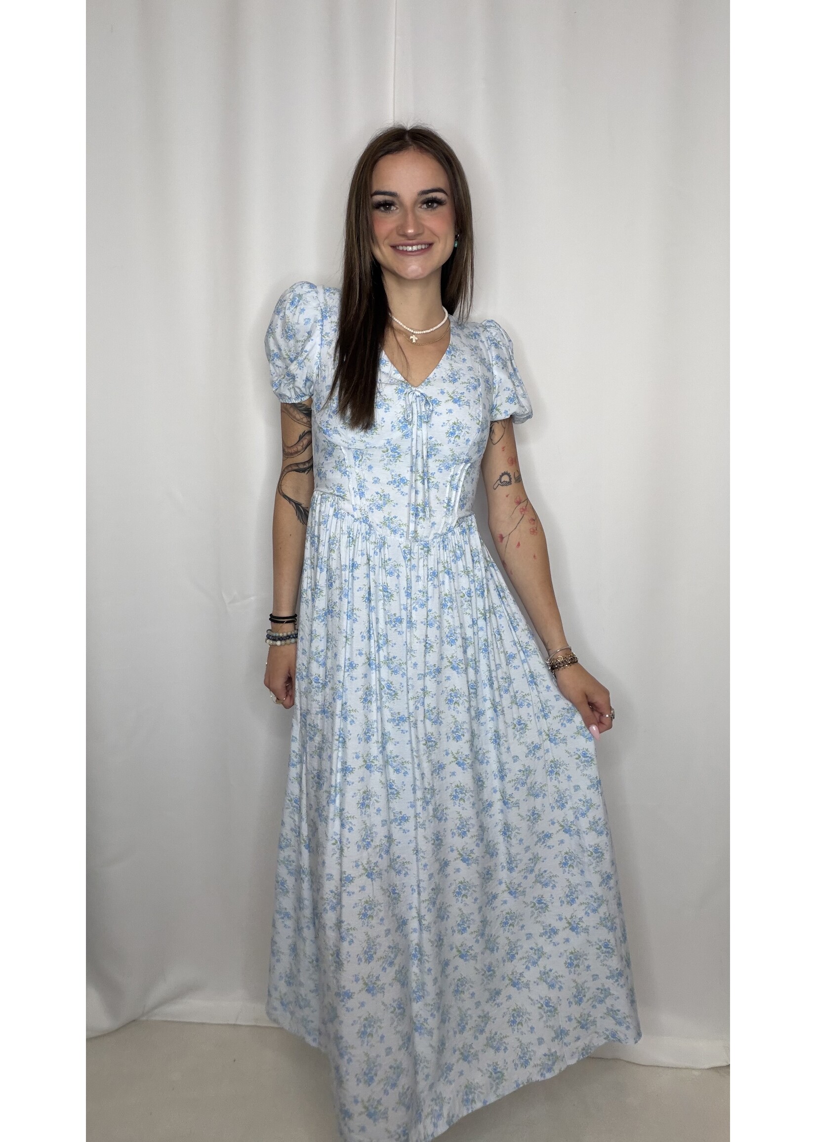 Floral Puff Sleeve V Neck Corset Detail Midi Dress