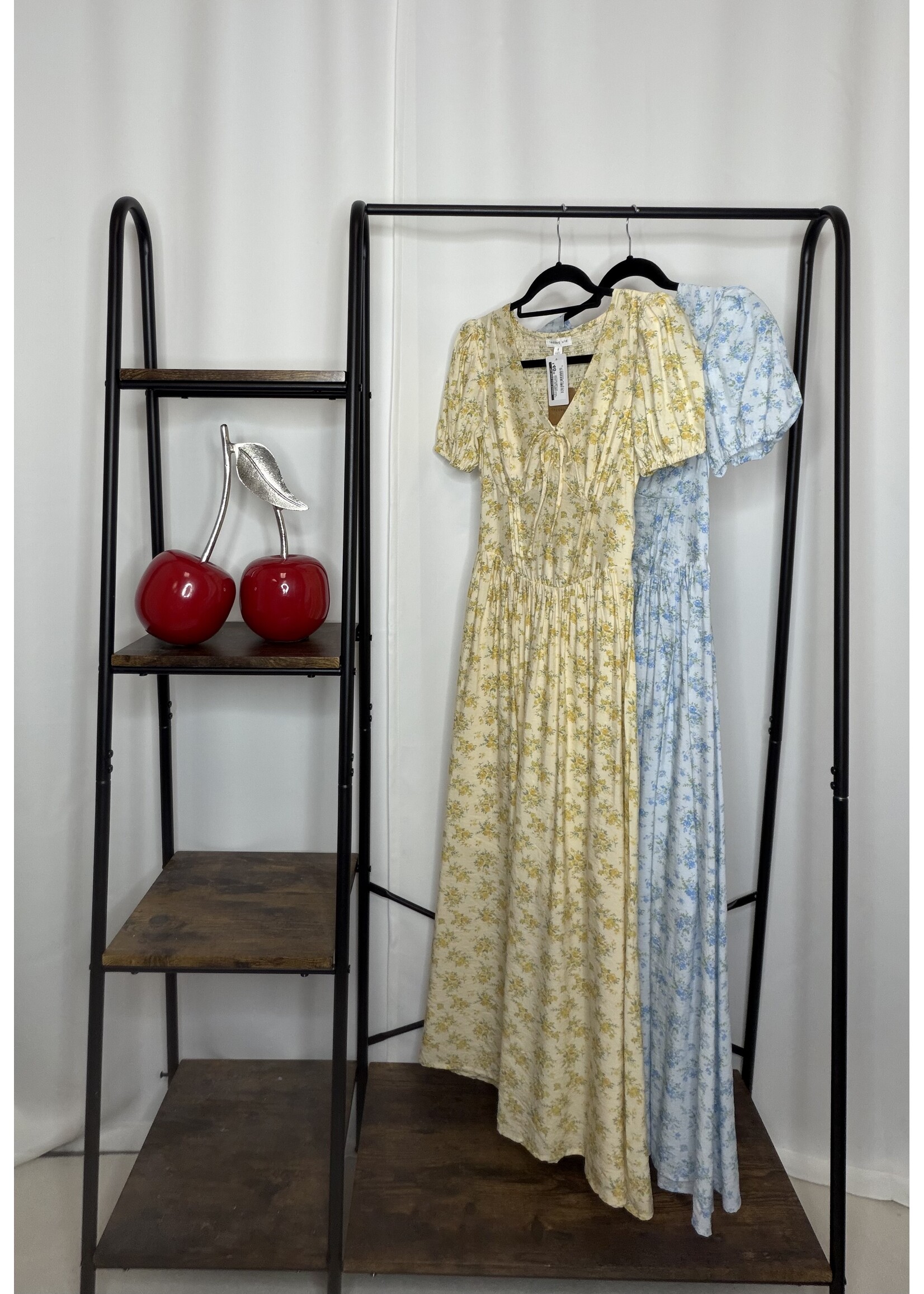 Floral Puff Sleeve V Neck Corset Detail Midi Dress