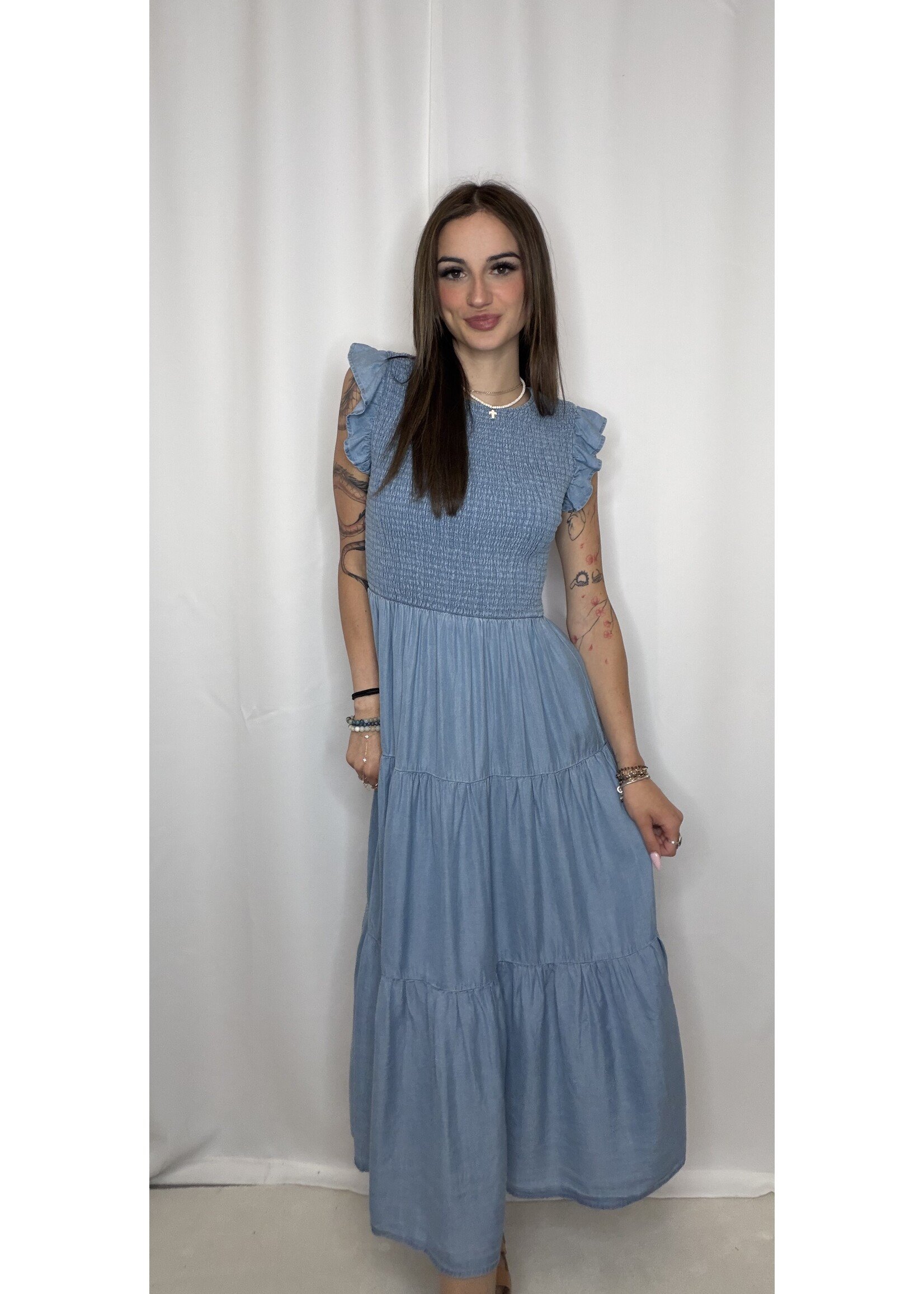 Chambray Smocked Tiered Midi Dress