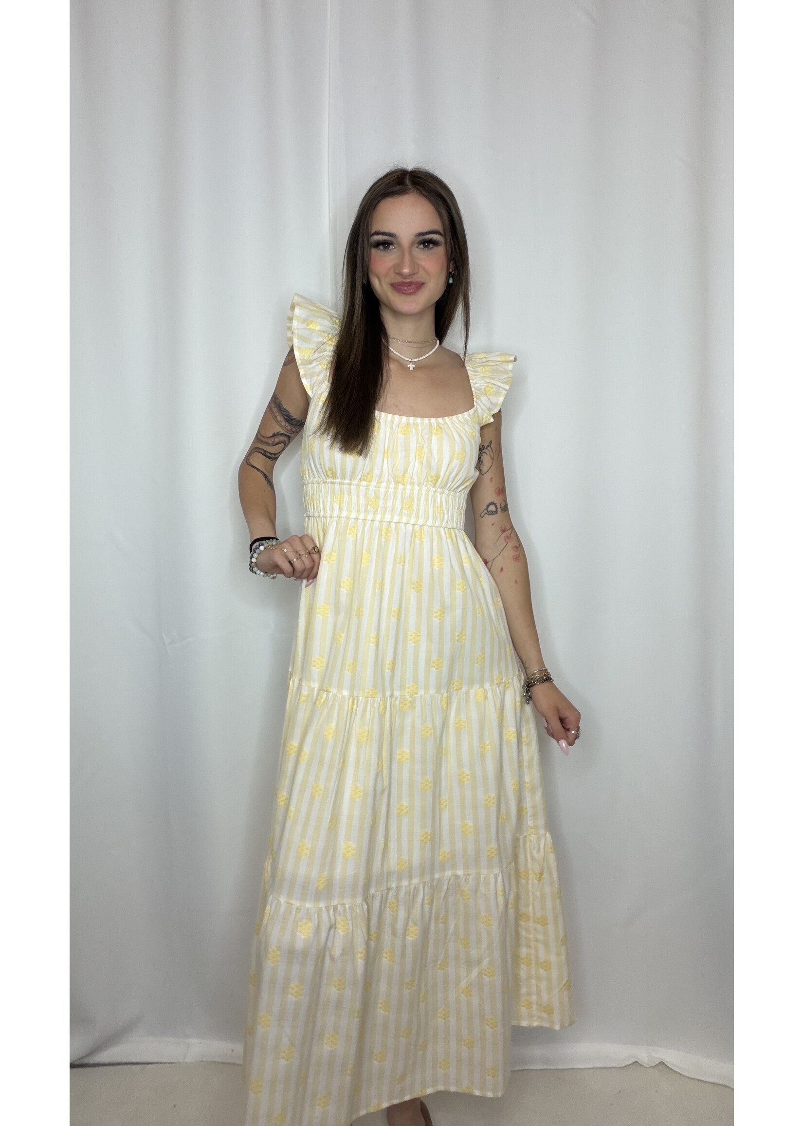 Stripe Floral Flounce Strap Tiered Midi Dress