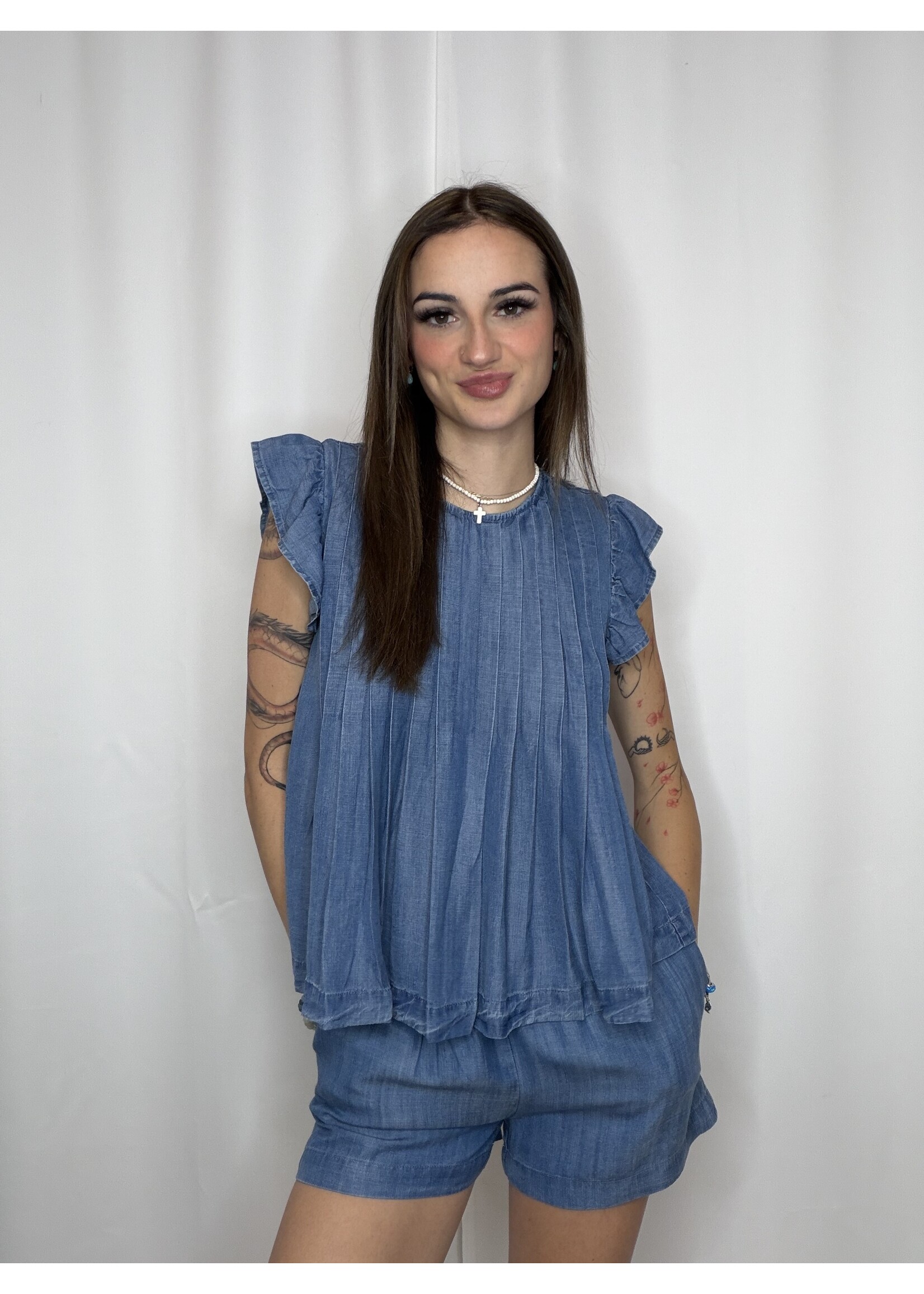 Pintuck Detail Chambray Top and Shorts Set