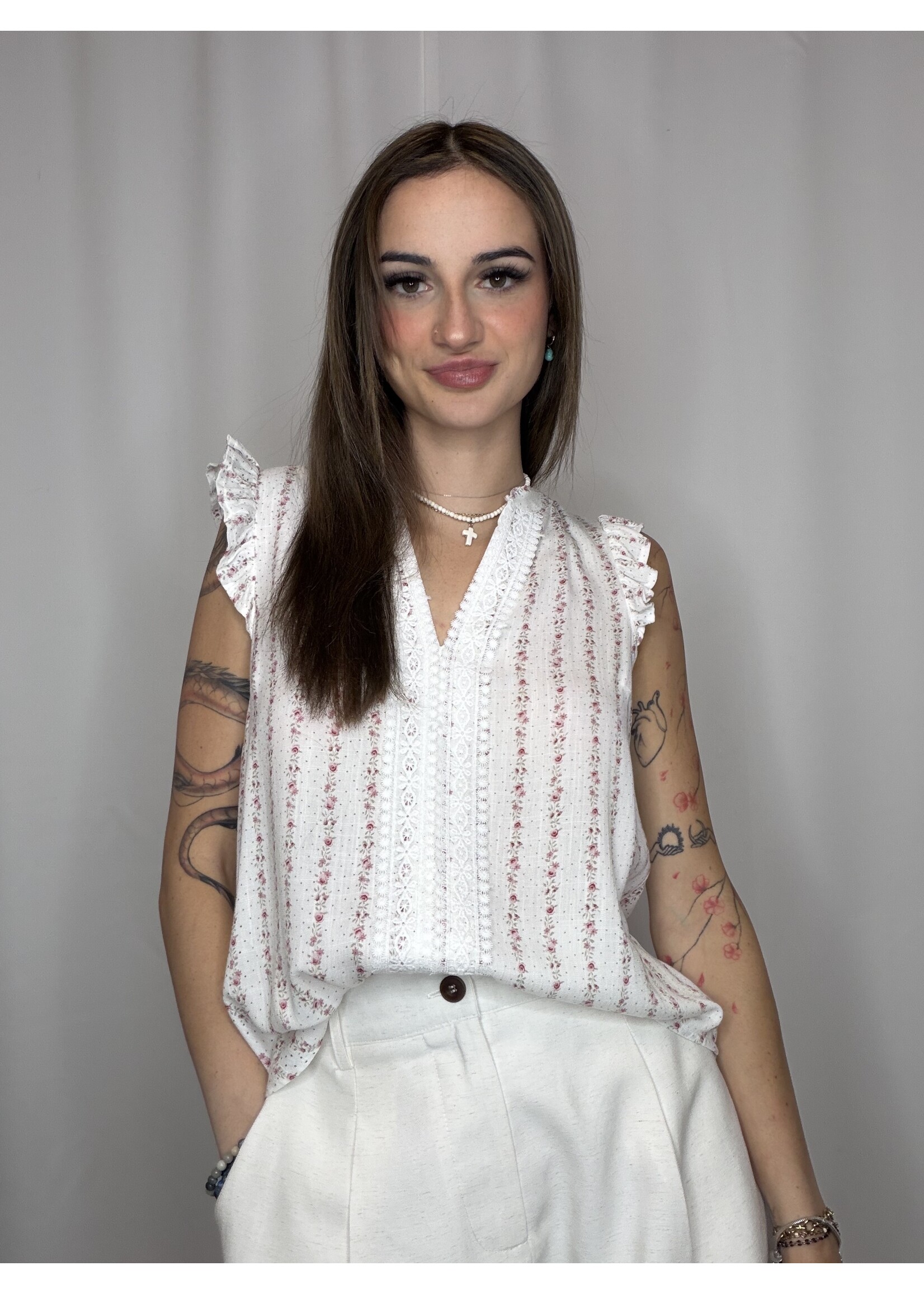 Stripe Floral Garland Pattern Ruffle Sleeve Top