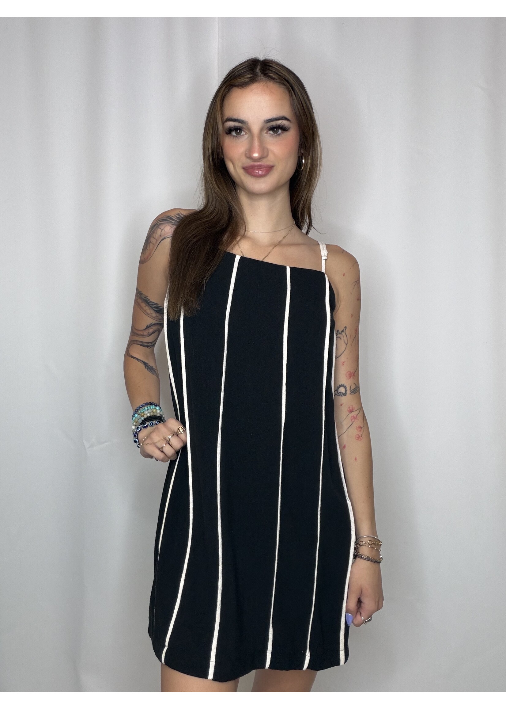 Contrast Stripe Spaghetti Strap Linen Mini Dress