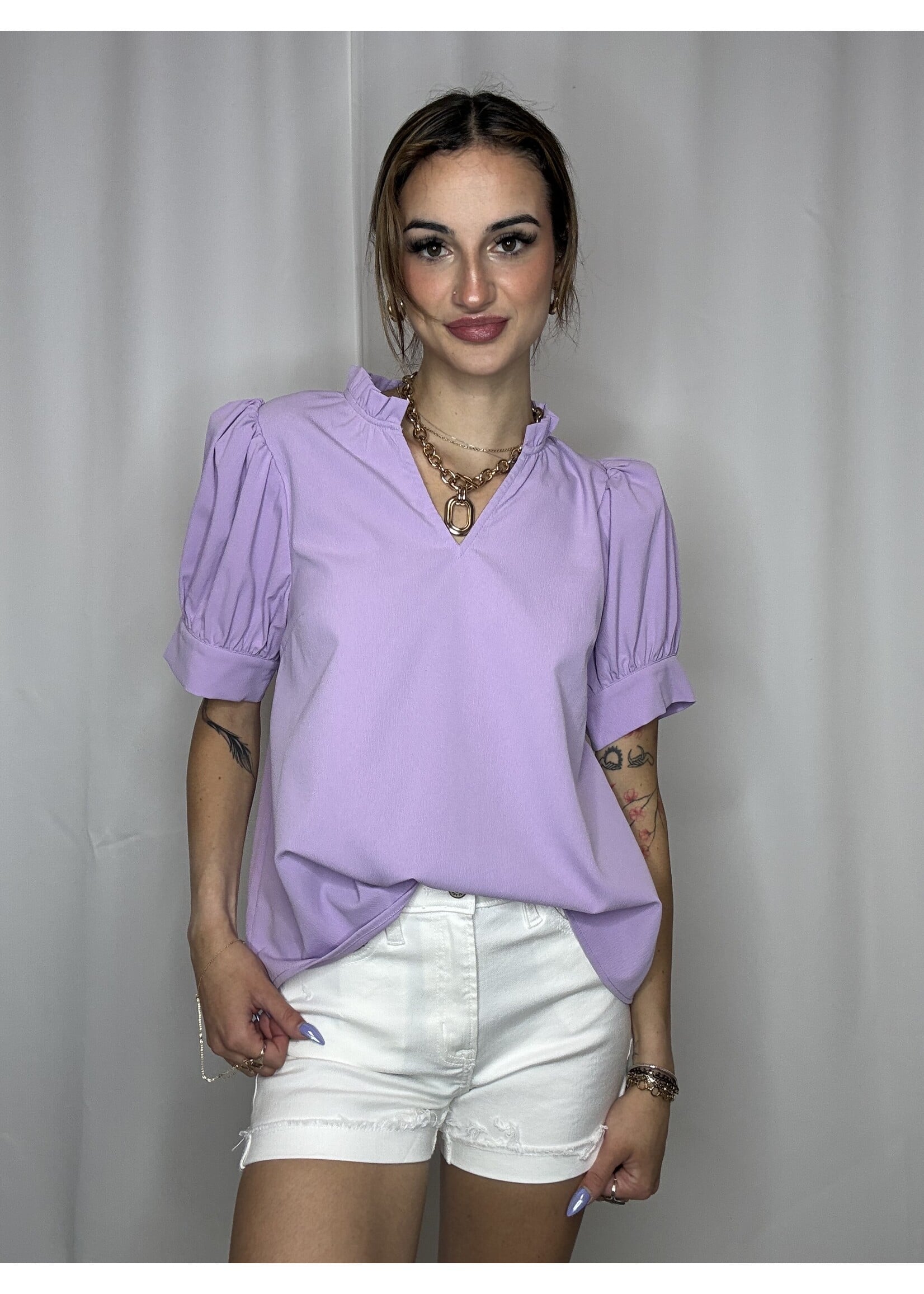 Puff Shoulder Crinkle Neck Top