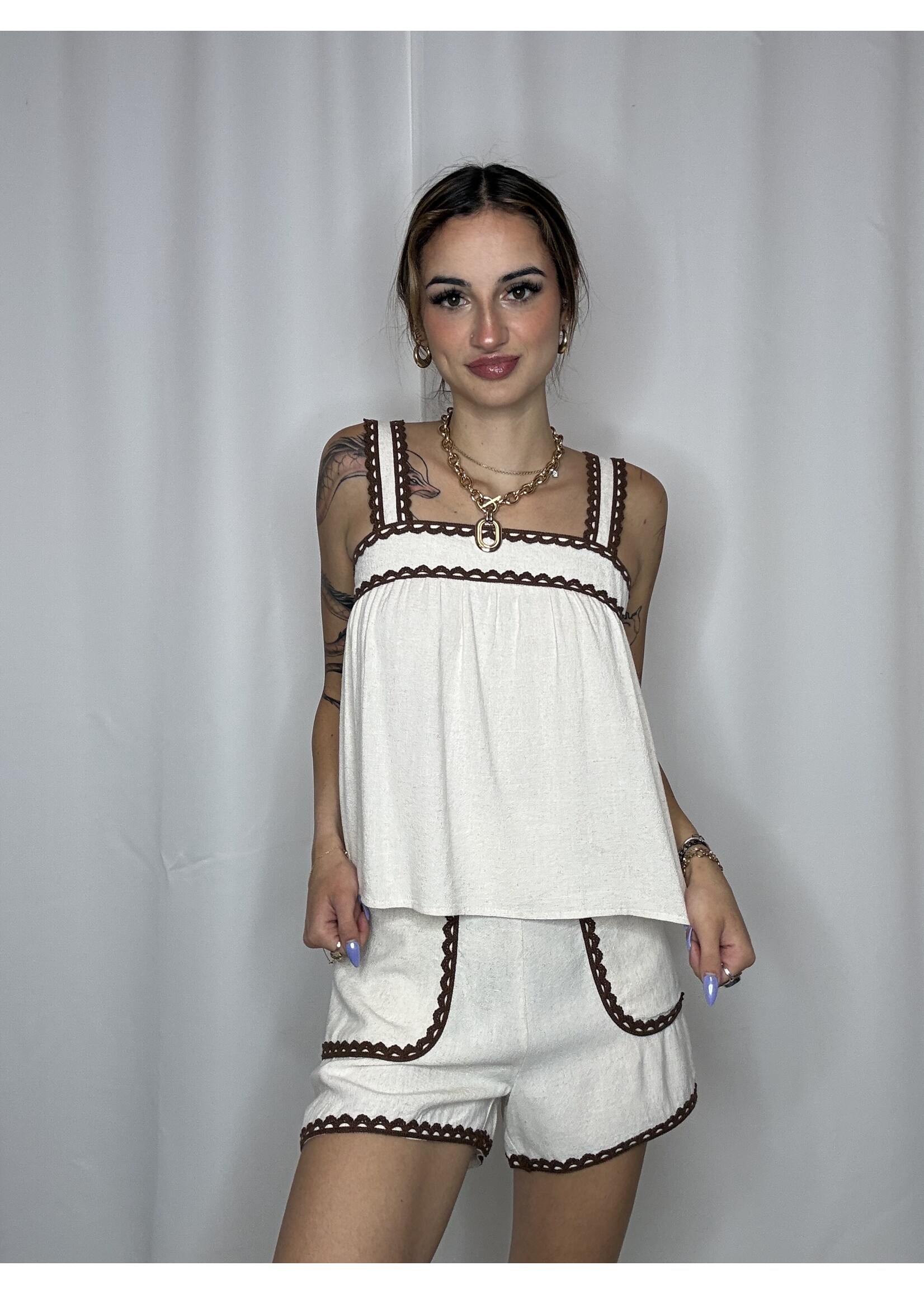 Contrast Scalloped Trim Sleeveless Linen Cami Set