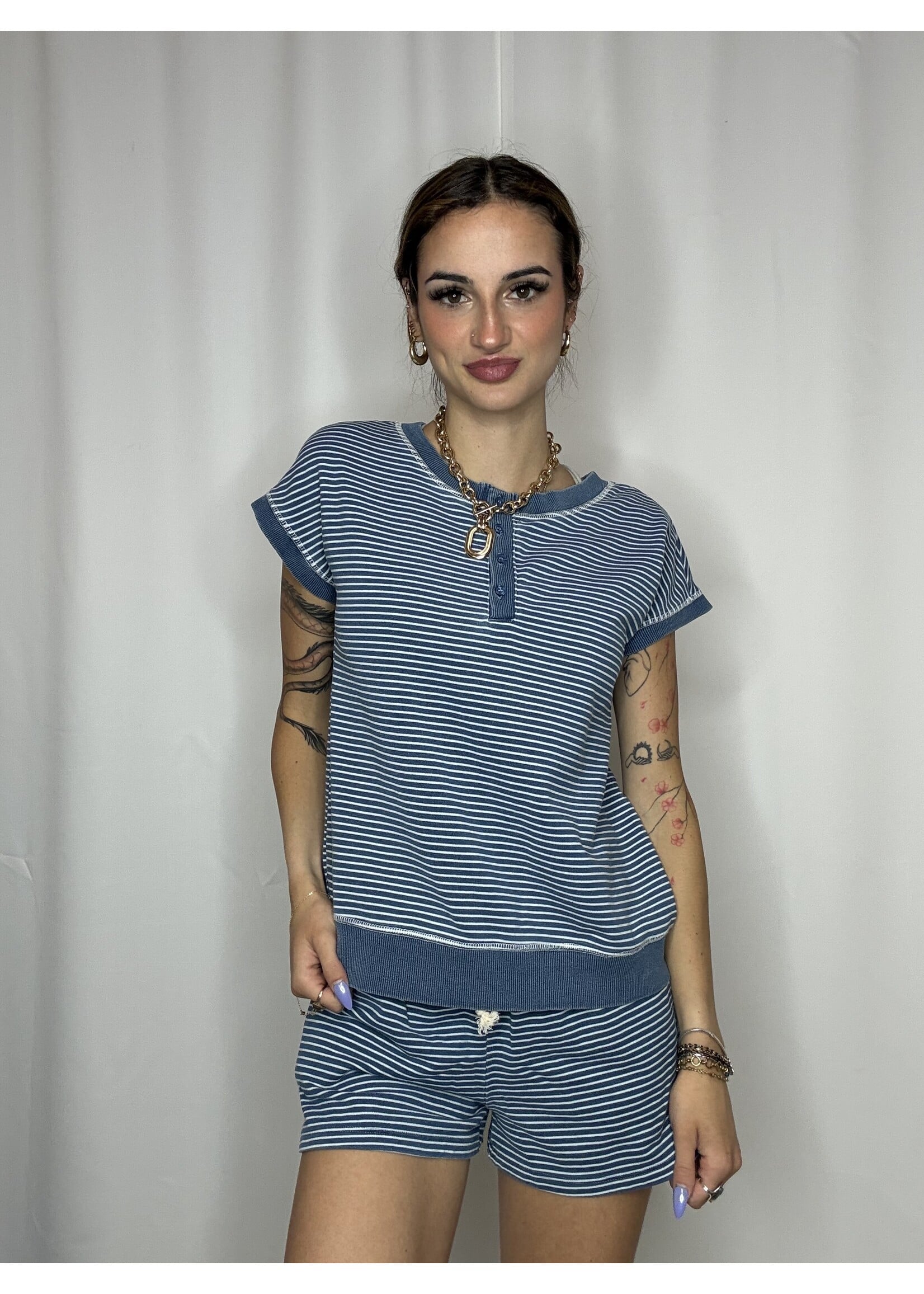 Washed Denim Stripe Top and Shorts Set