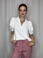 Ruffle Neck Waffle Puff Sleeve Top
