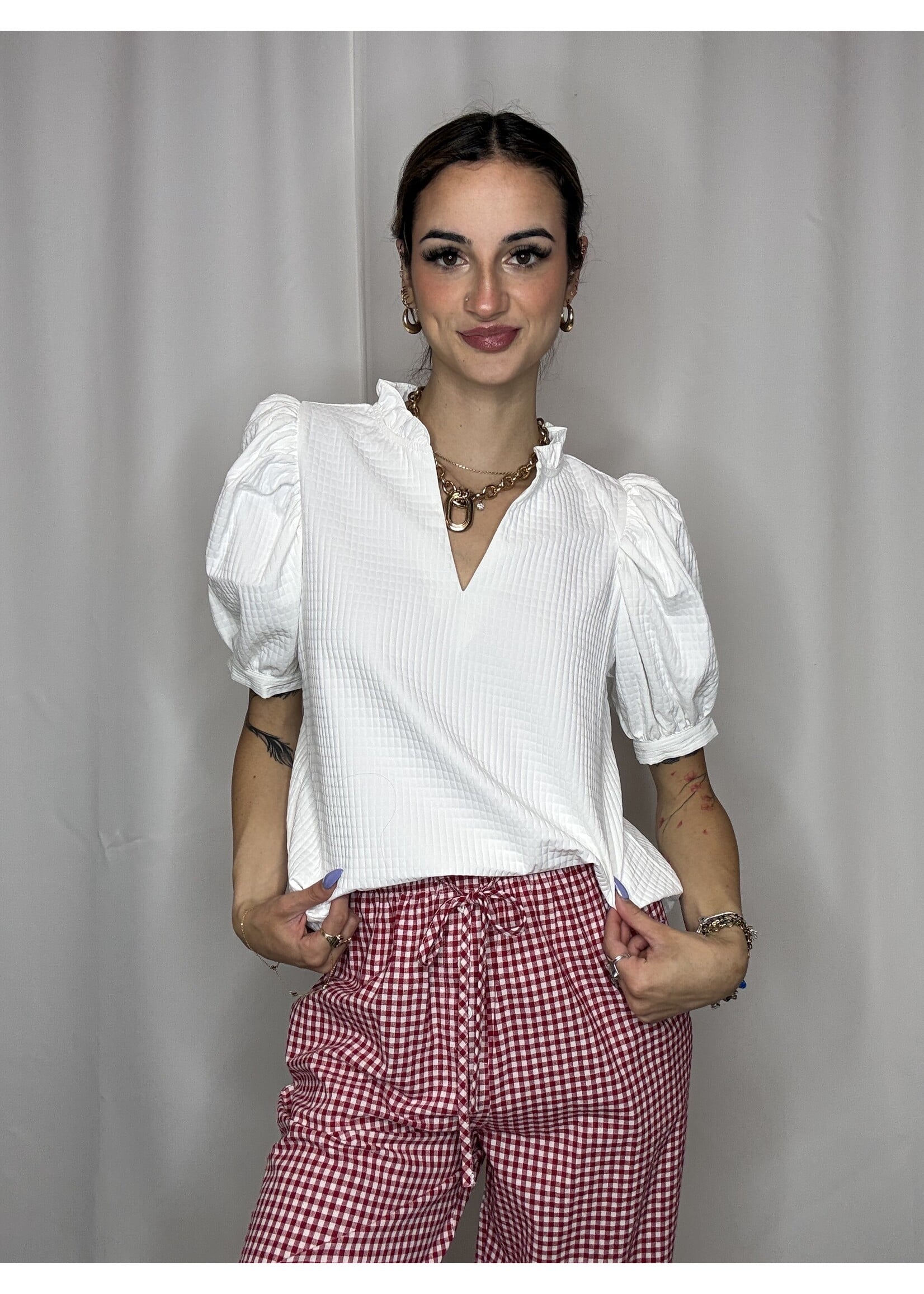 Ruffle Neck Waffle Puff Sleeve Top