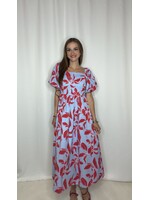Bubble Sleeve Floral Printed Midi Dress