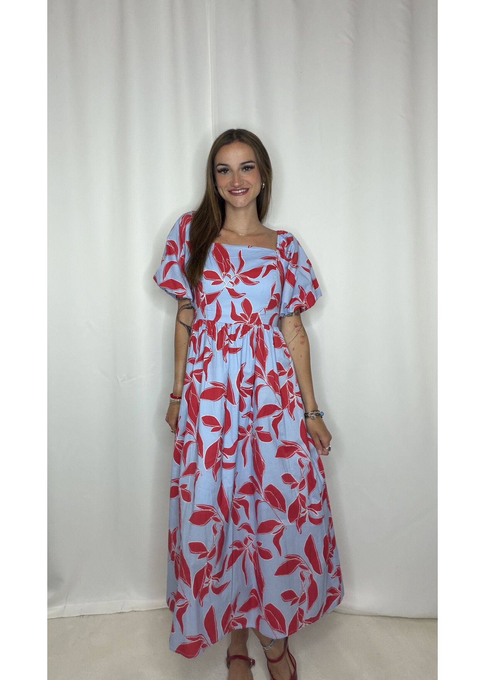 Bubble Sleeve Floral Printed Midi Dress