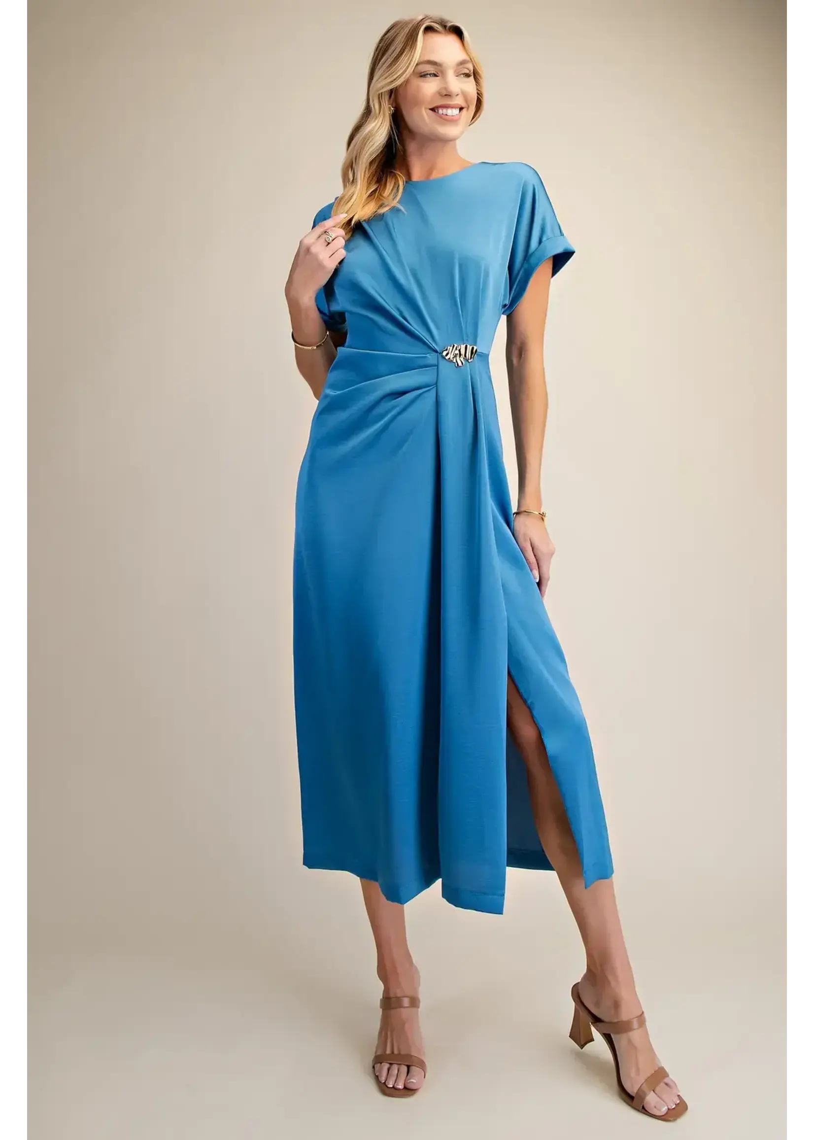 Gathered Metal Trim Short Sleeve Midi Dress