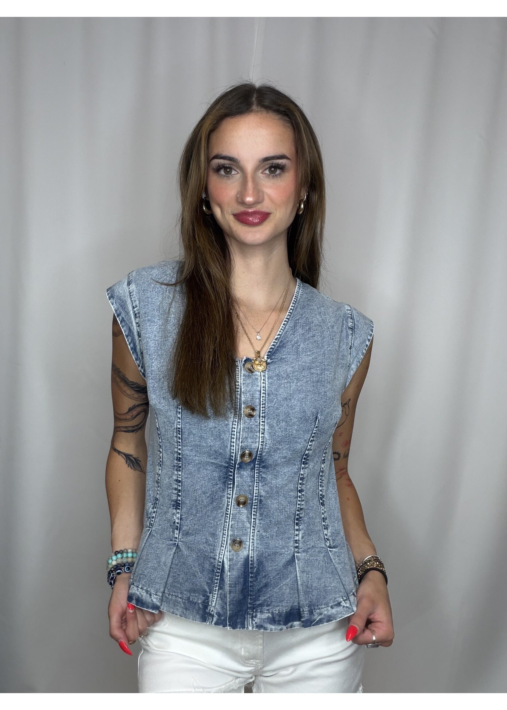 Pleated Washed Denim Vest