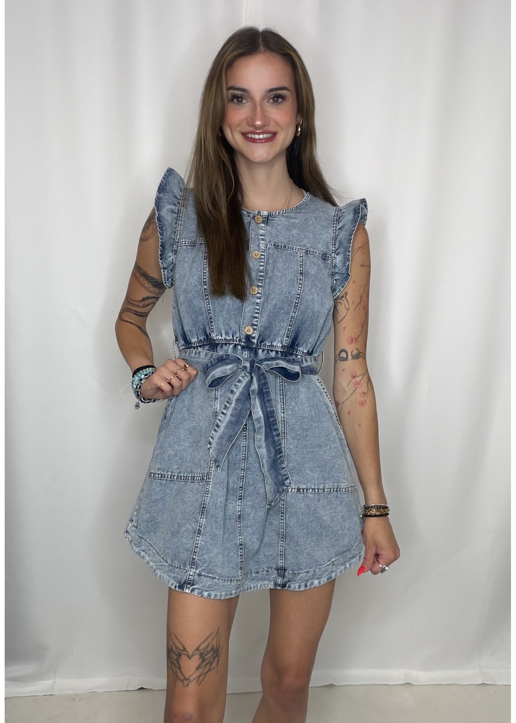 Washed Chambray Ruffle Detail Mini Dress