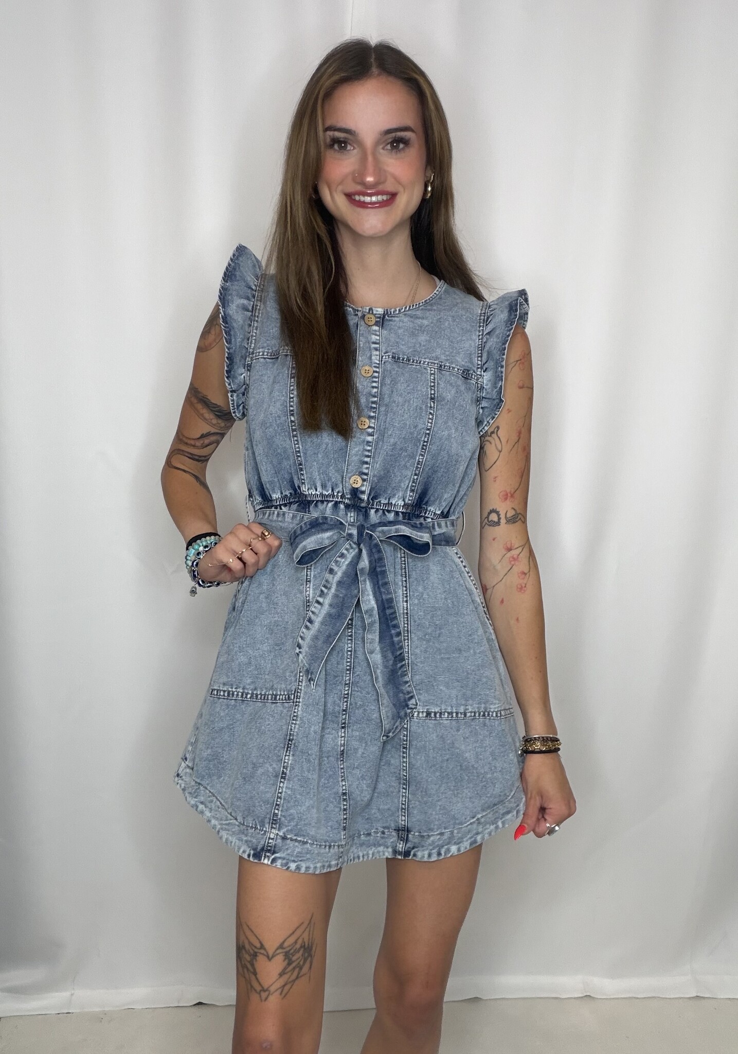 Washed Chambray Ruffle Detail Mini Dress - The Cherry Lane Boutique
